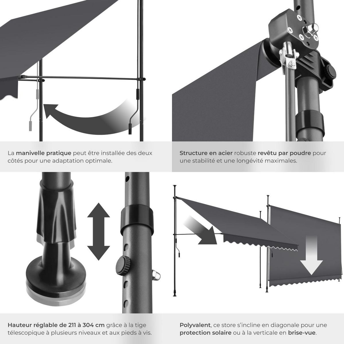 tectake Store à pince sans perçage avec manivelle noir/gris 350 x 180 cm