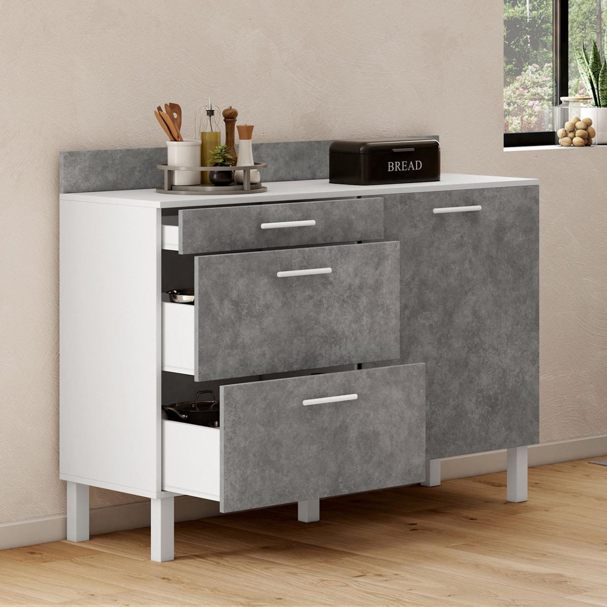 ID MARKET Buffet bas casserolier de cuisine 120 cm CINA plan de travail H.83 cm 1 porte + 3 tiroirs blanc et effet béton