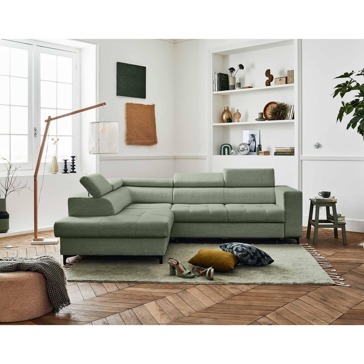 LISA DESIGN Olinda - canapé d'angle gauche - 5 places - convertible avec coffre et têtières réglables - en tissu