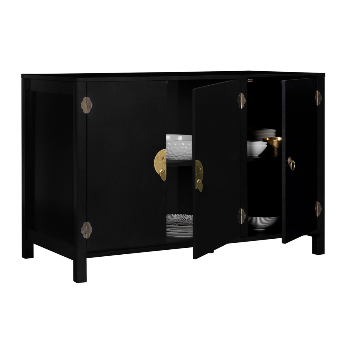 ID MARKET Buffet bas 110 cm YANG 3 portes bois noir