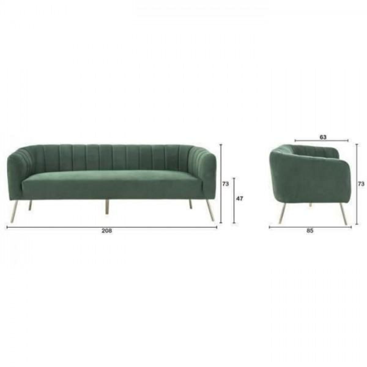 MARKET24 Canapé 3 places - Velours vert - L 207 x P 87 x H 77 cm - MATHIS - Structure bois massif