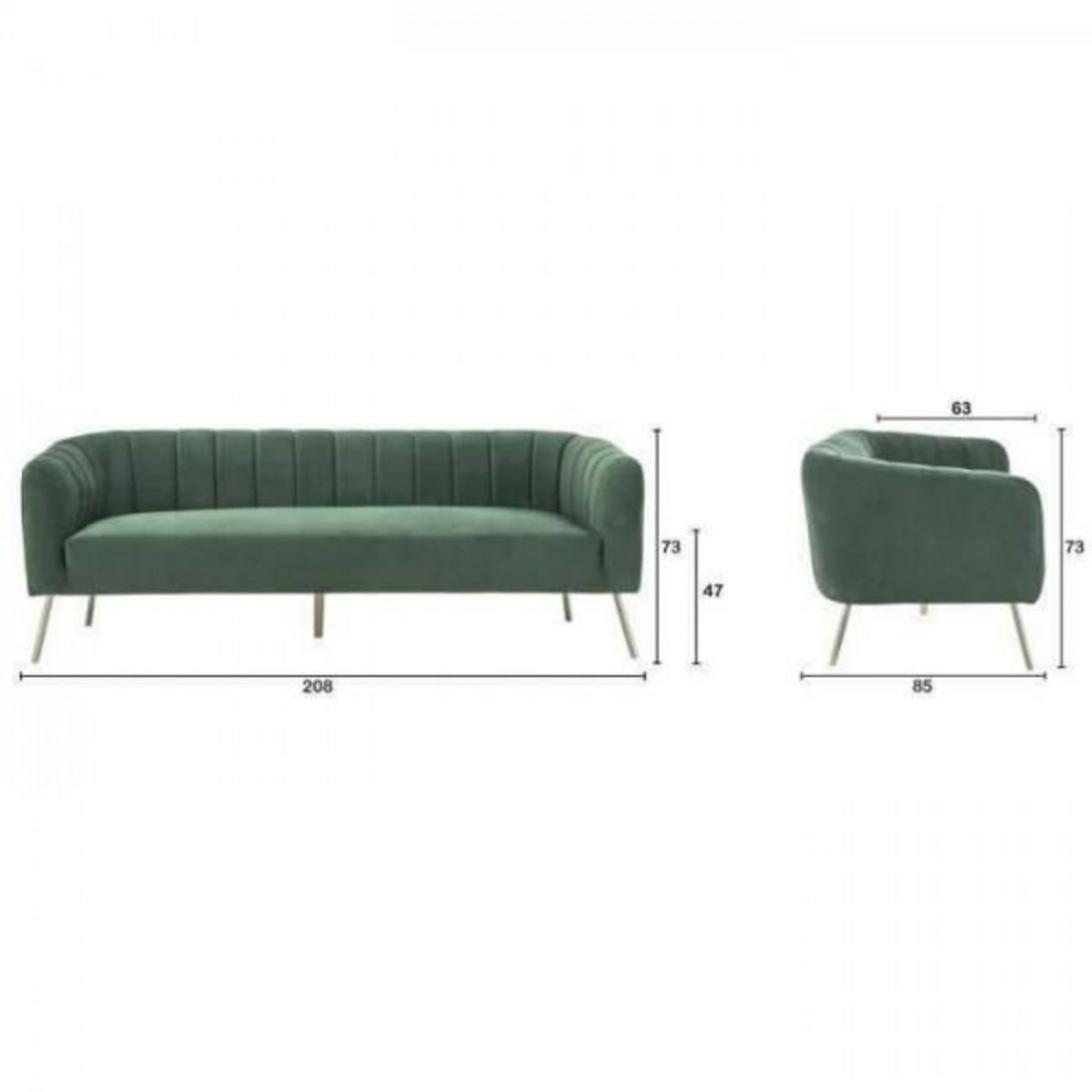 MARKET24 Canapé 3 places - Velours vert - L 207 x P 87 x H 77 cm - MATHIS - Structure bois massif