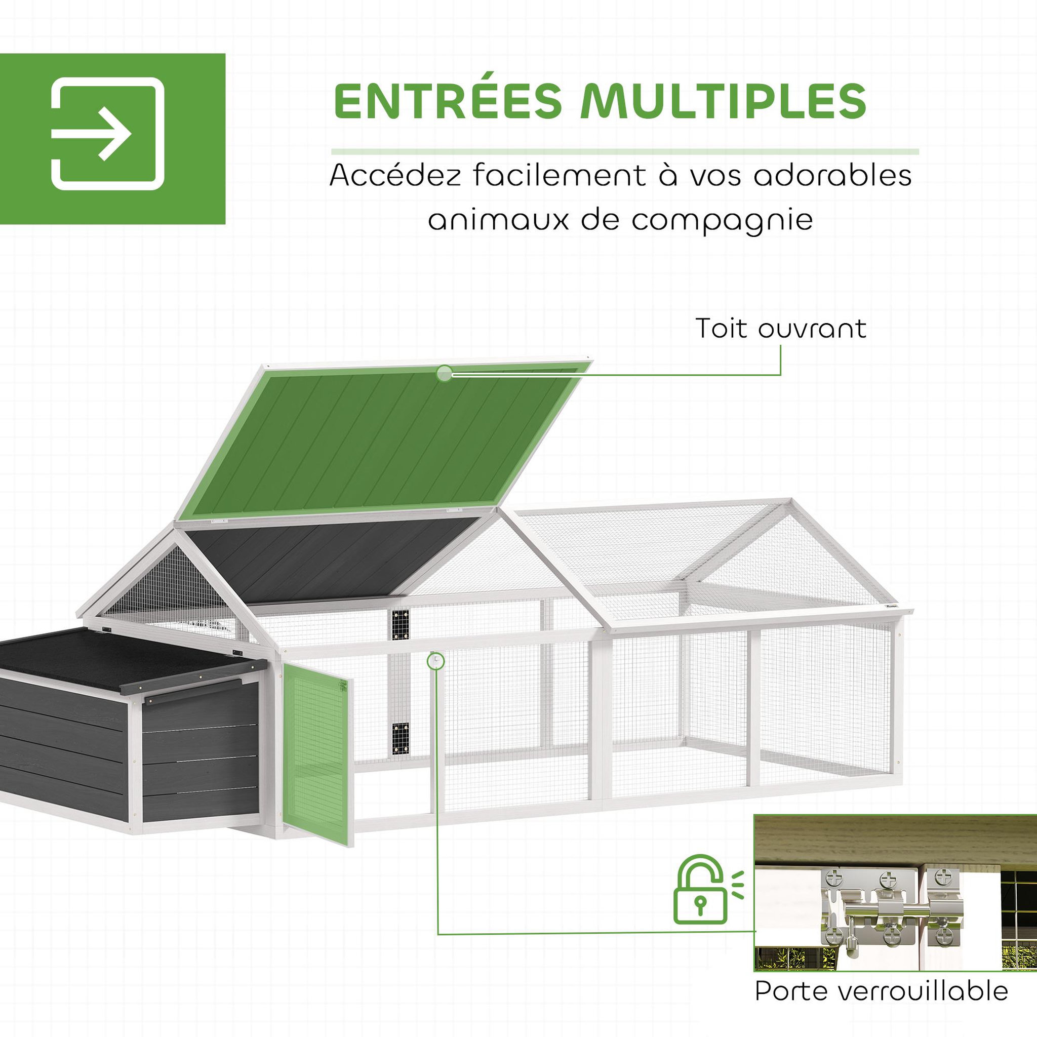 Voir la diapositive 6 : PAWHUT Poulailler espace couvert pondoir 2 zones - porte, toit ouvrant - 2,4 x 1,12 x 0,76 m - bois gris blanc