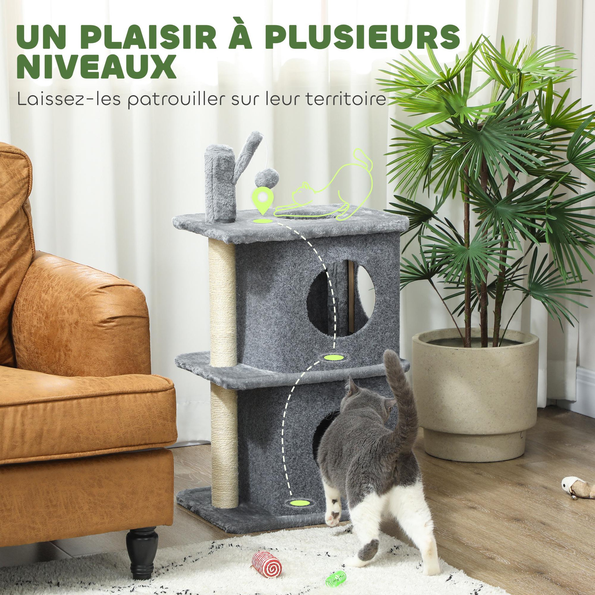 Voir la diapositive 4 : PAWHUT Arbre à chat à 3 niveaux hauteur 80 cm, tour pour chat avec 2 niches et surface de repos confortable, balle amovible, poteau en sisal et peluche douce, pour animal 5 kg, gris foncé