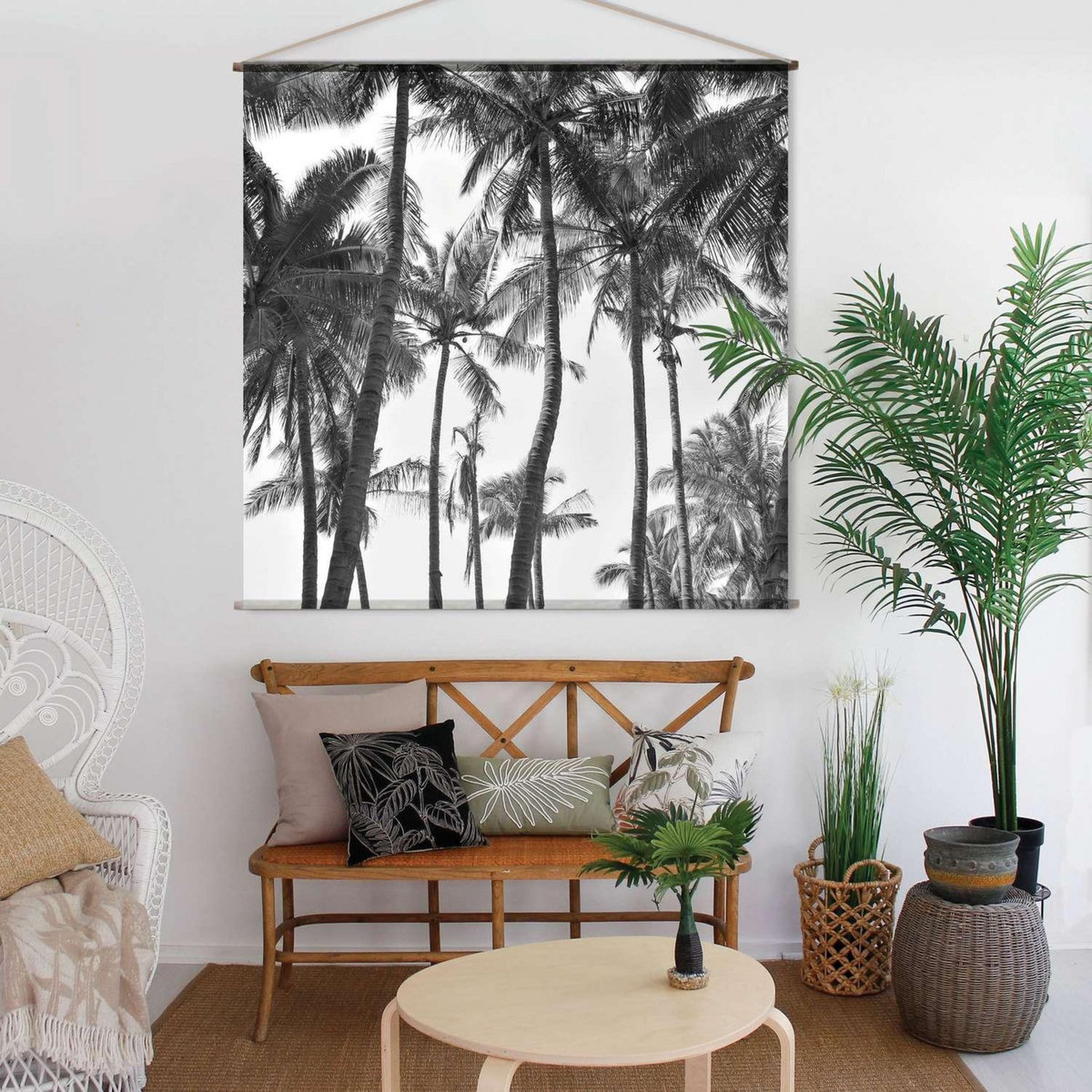 TOILINUX Toile murale imprimée palmier - 150 x 150 cm - Noir et blanc