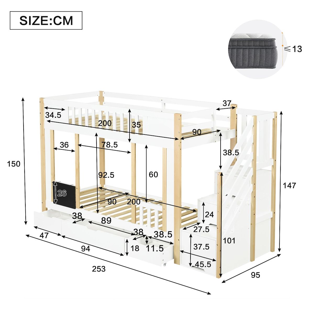 MERAX Lit superposé 90x200 cm coloris blanc+naturel pin
