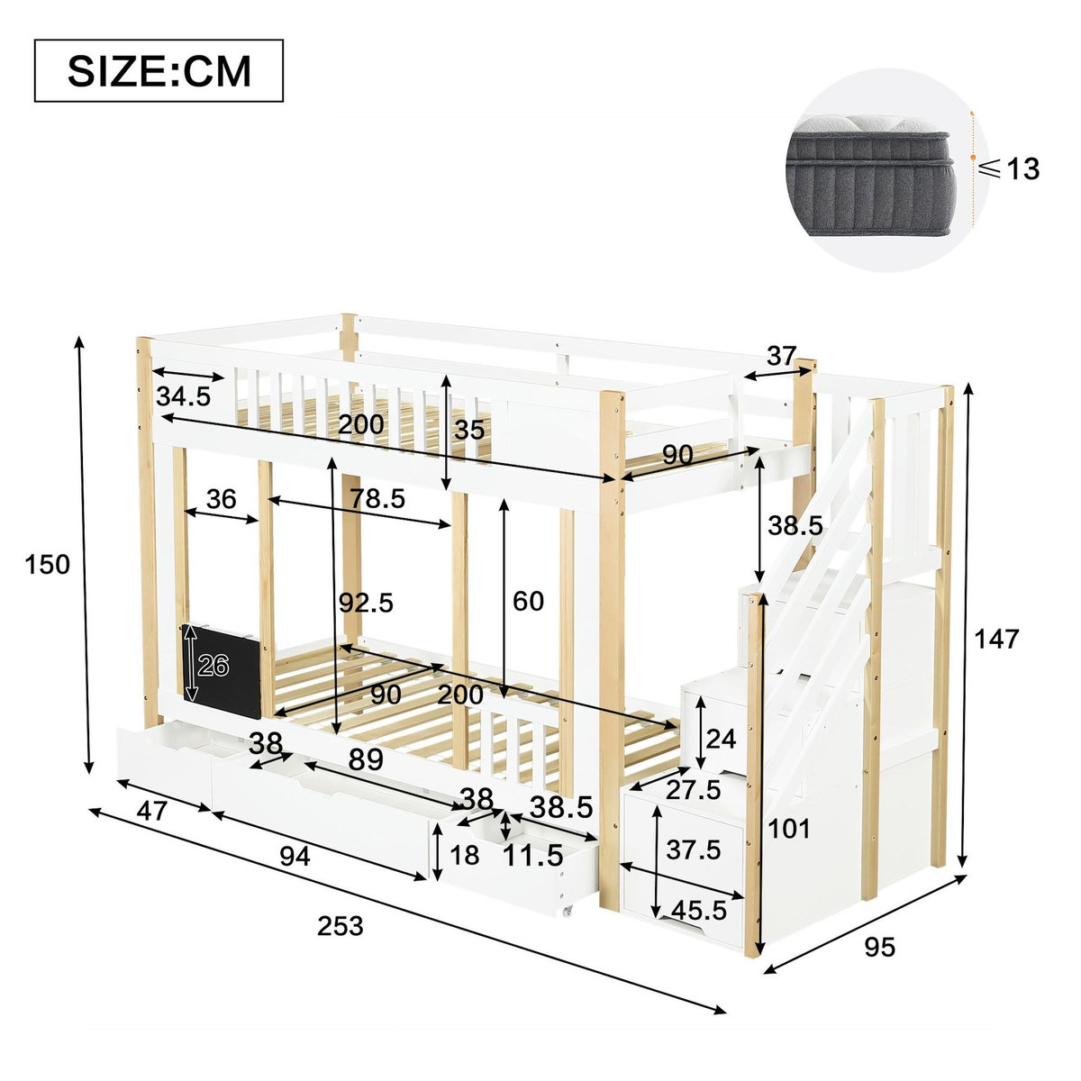 MERAX Lit superposé 90x200 cm coloris blanc+naturel pin