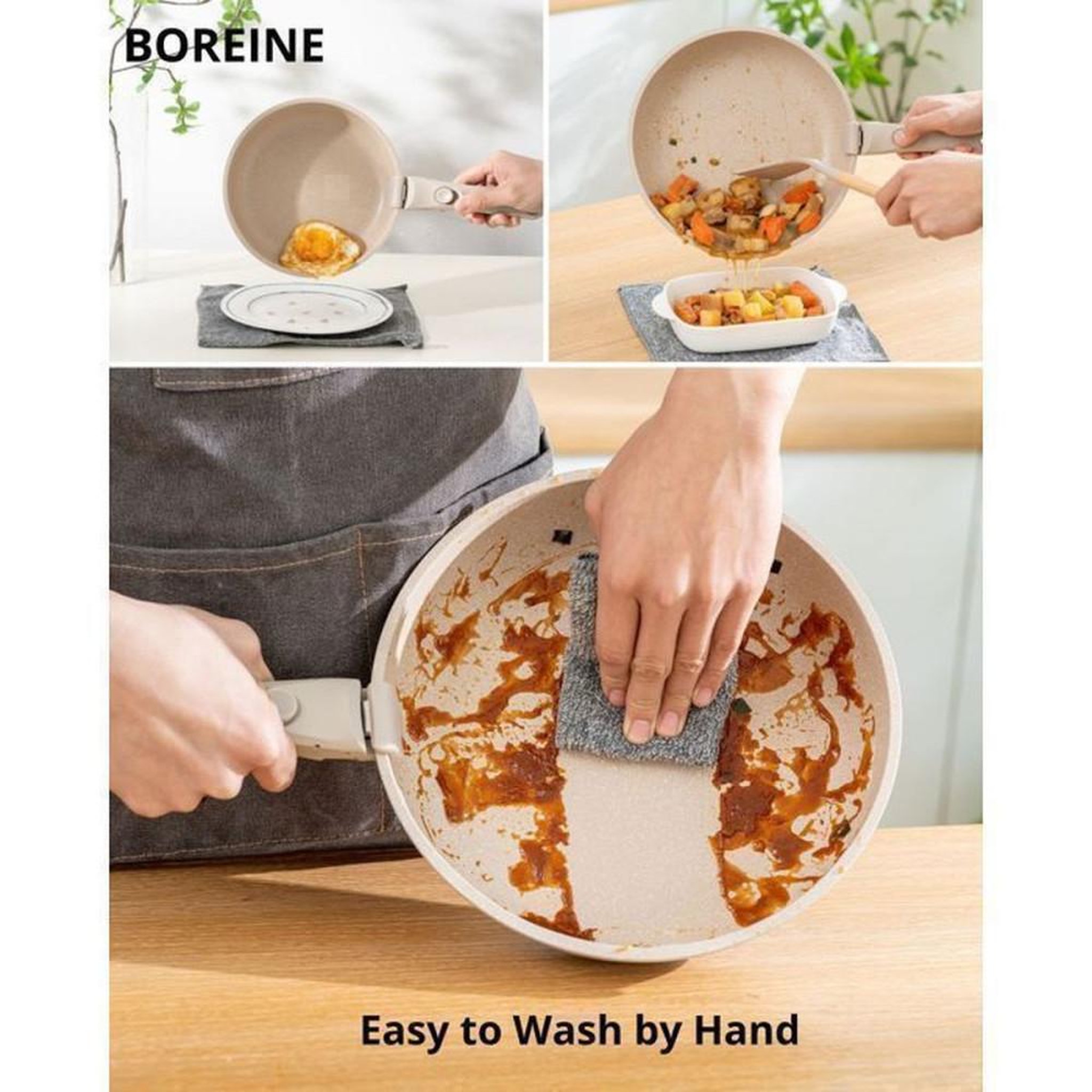 Voir la diapositive 5 : Coffret batterie de cuisine antiadhésive 14 pièces BOREINE en aluminium moulé brun, poignées amovibles, couvercles silicone, induction et gaz, allant au four 250°C