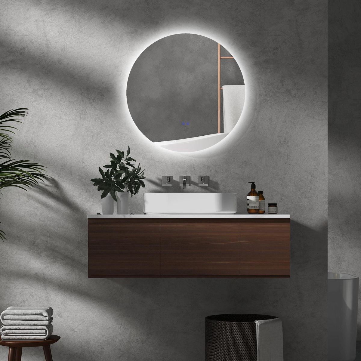KLEANKIN Miroir rond lumineux LED de salle de bain 70 cm avec éclairage interrupteur tactile système antibuée miroir mural LED à luminosité réglable 35 W gris