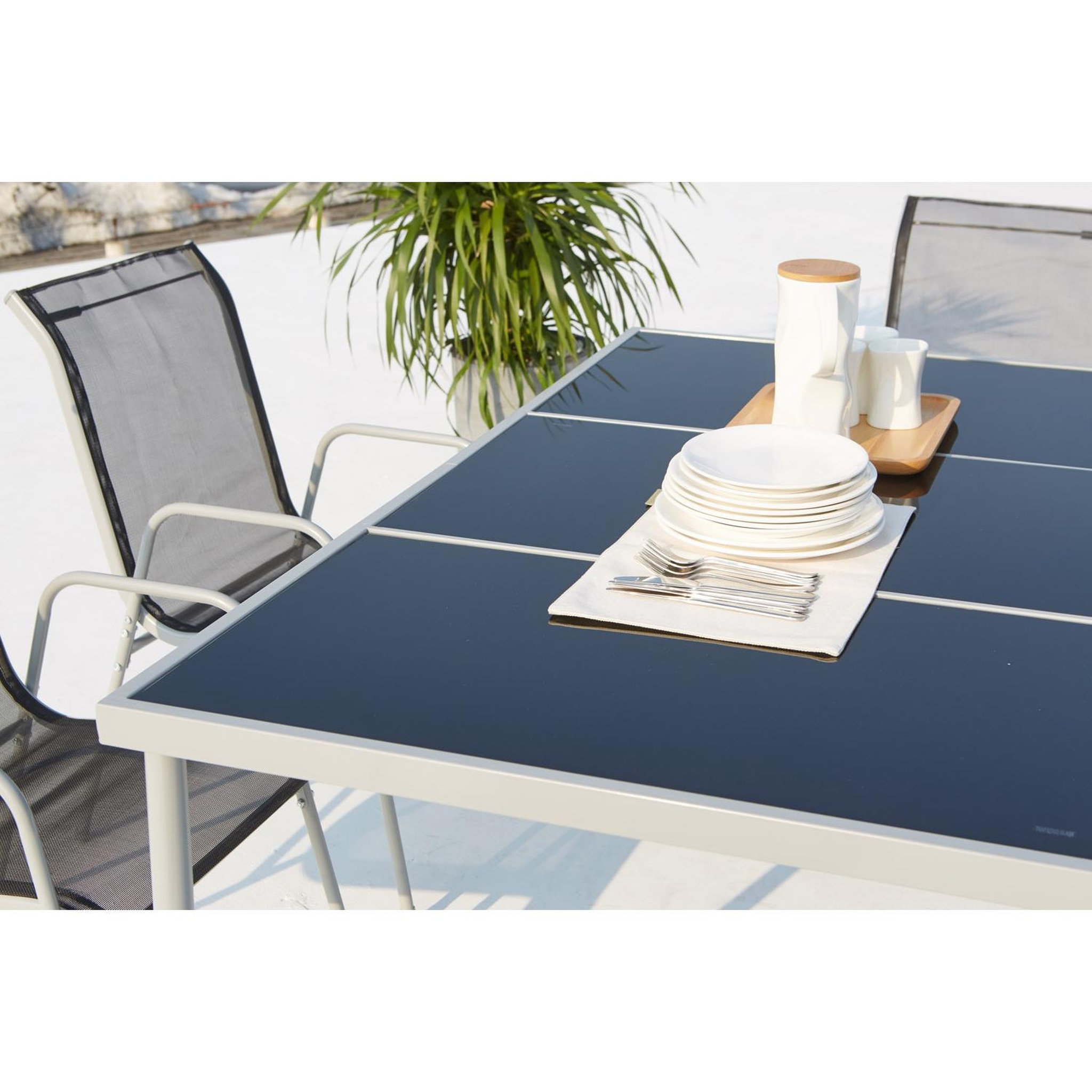 Voir la diapositive 3 : CONCEPT USINE Table de jardin et 6 chaises en acier et toile pvc gris lusiana