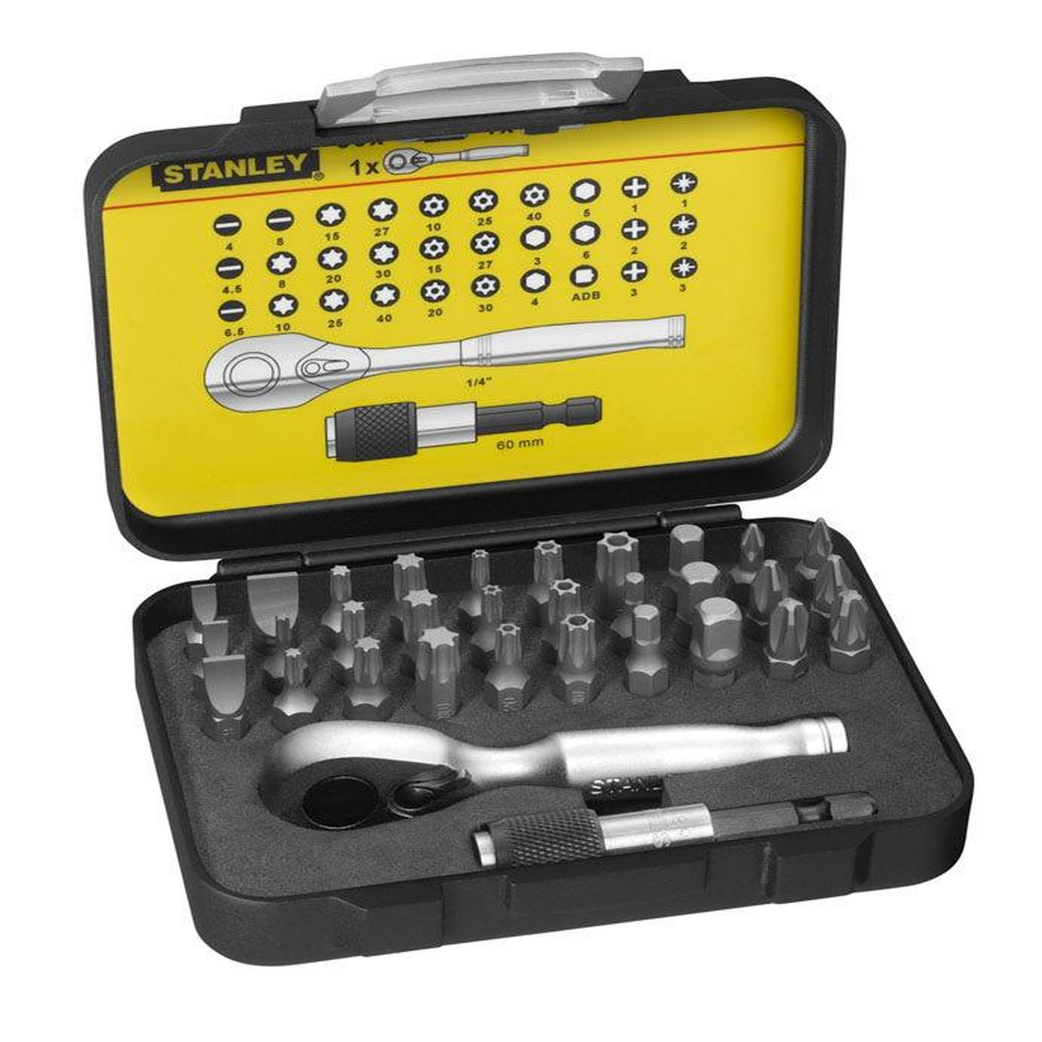 Stanley Coffret d'embouts de vissage 1/4  25mm + clé à cliquet - jeu de 32 pcs - gamme pro