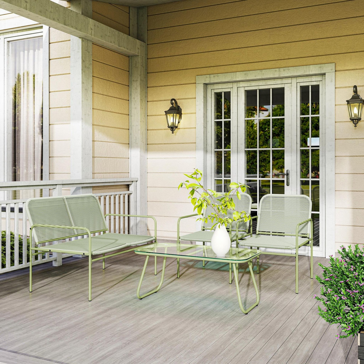 OUTSUNNY Salon de jardin style Acapulco 4 places 4 pièces plateau verre trempé acier résine filaire vert