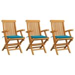 VIDAXL Chaises de jardin avec coussins bleu lot de 3 Bois teck massif