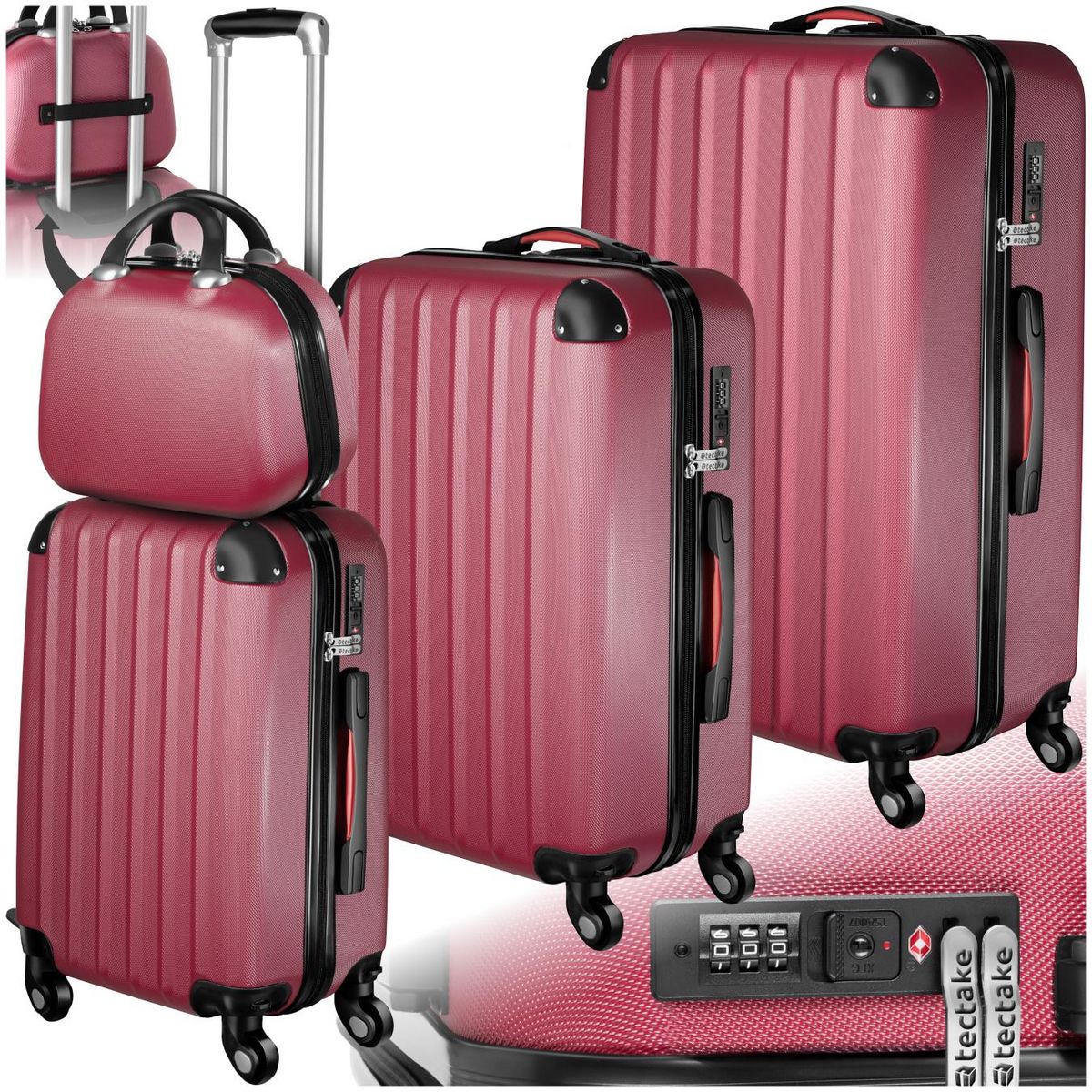 tectake Set de valises trolley rigides 4 pièces, 3 trolleys et une trousse de beauté en plastique ABS robuste rouge bordeaux