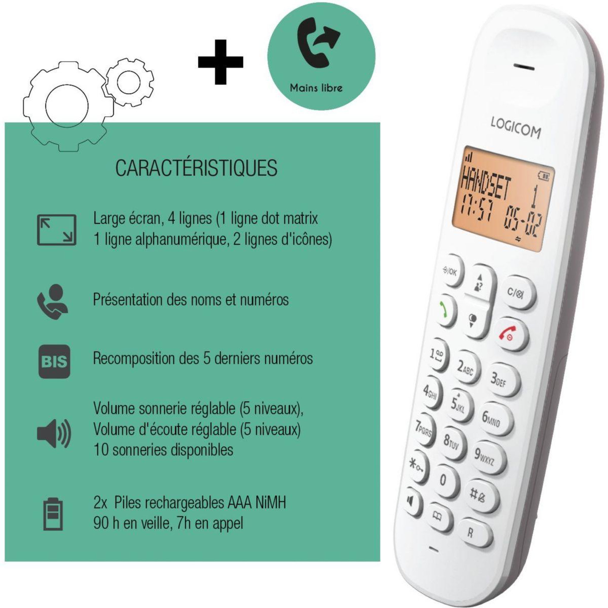 Voir la diapositive 2 : Logicom Téléphone sans fil Iloa 150 Solo Taupe