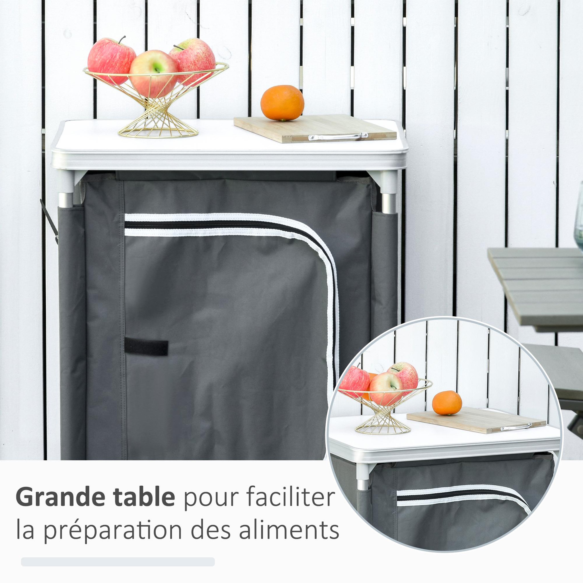 Voir la diapositive 6 : OUTSUNNY Rangement cuisine de camping pliable avec sac transport - 2 étagères - alu polyester gris