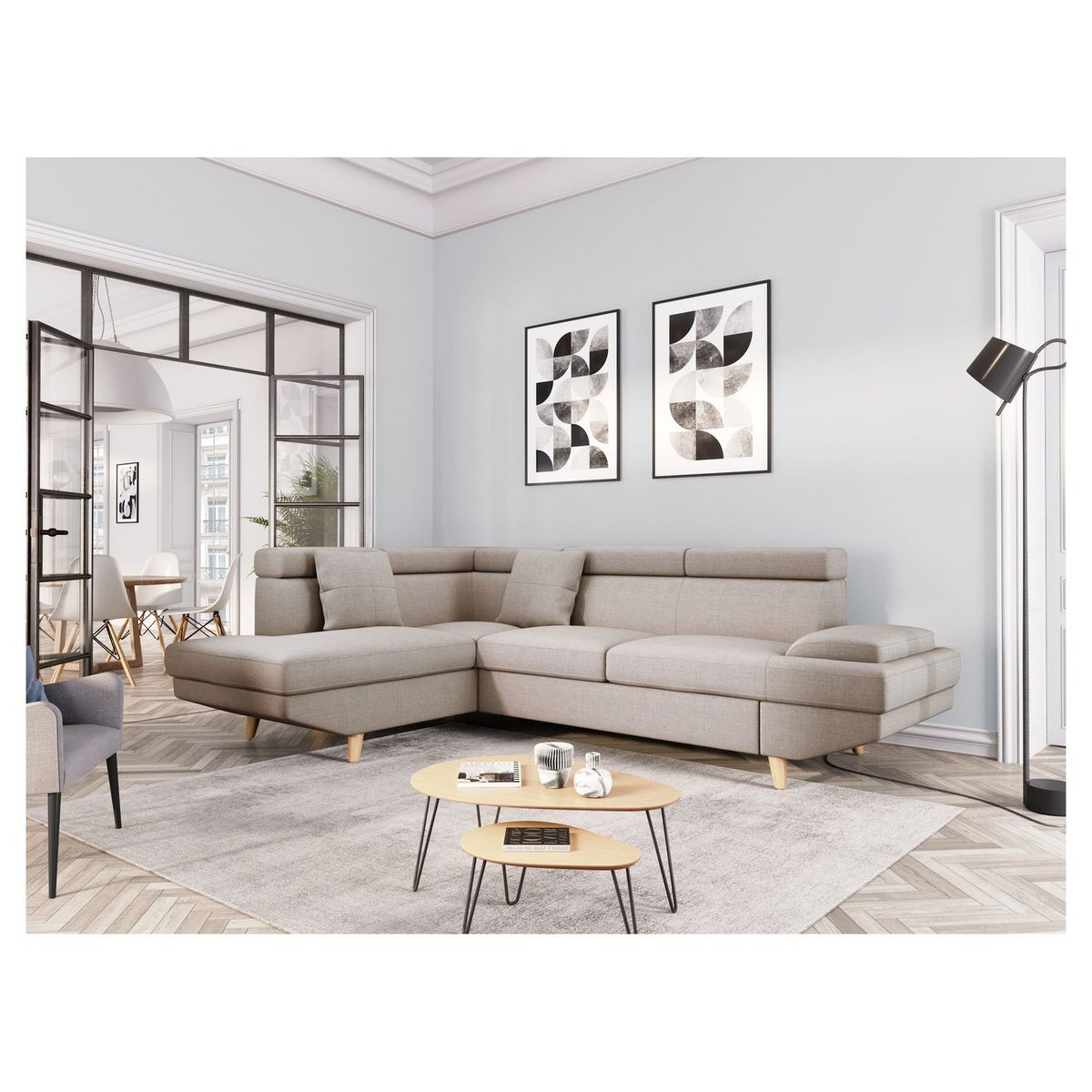 Canapé d'angle gauche convertible 5 places tissu pieds bois clair MARIUS 