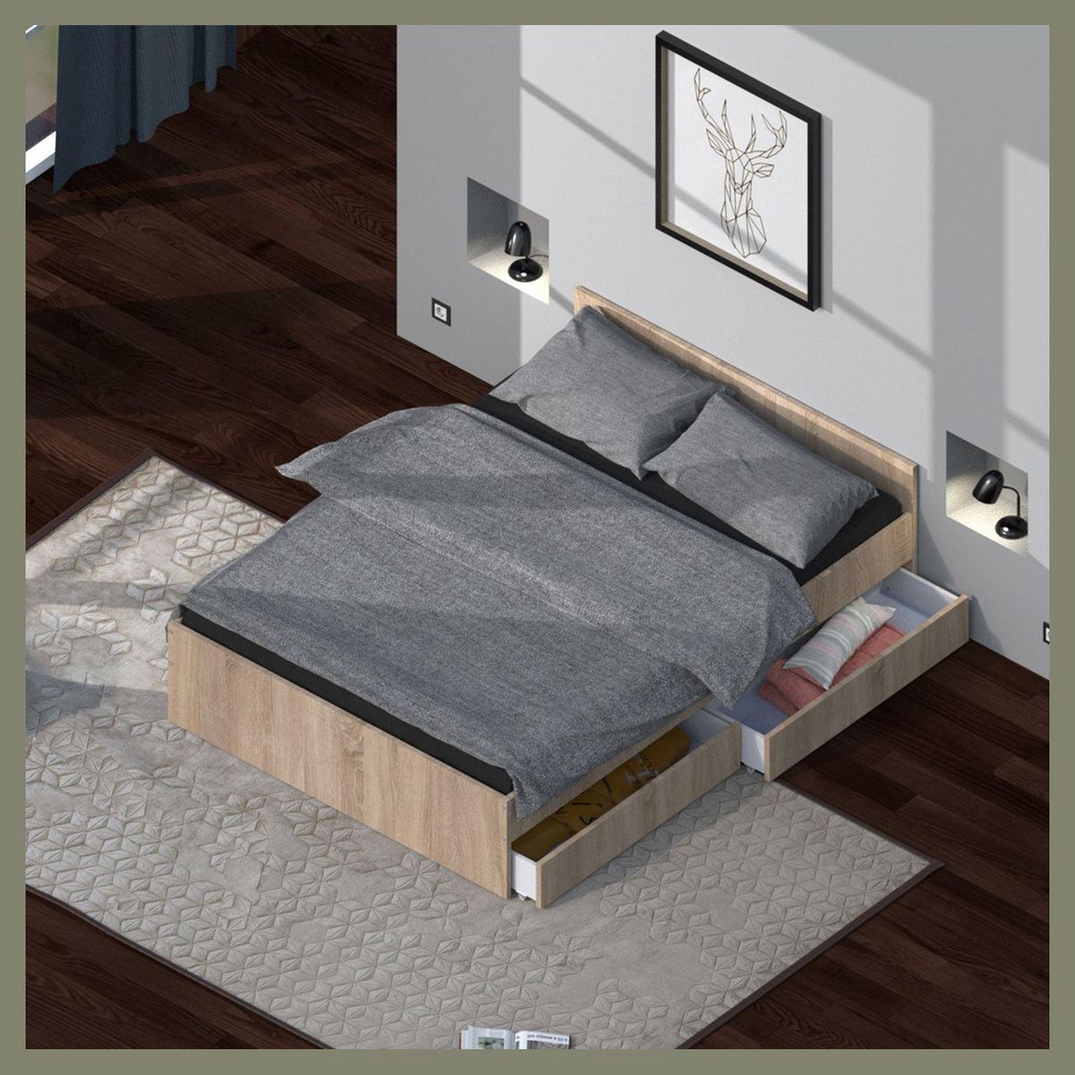 Lit avec rangements 140x190 cm, 2 tiroirs et tête de lit CAMA