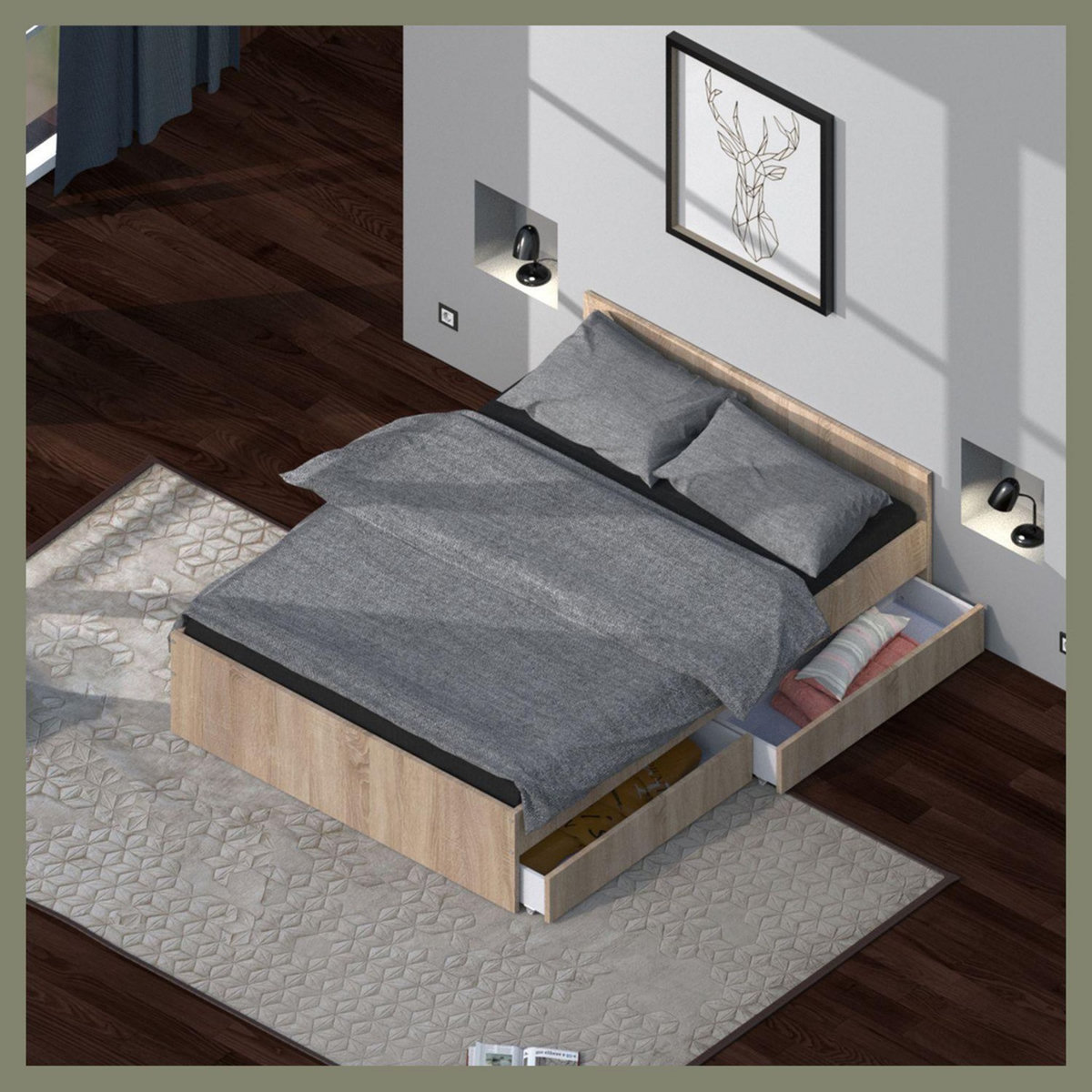 Lit avec rangements 140x190 cm, 2 tiroirs et tête de lit CAMA