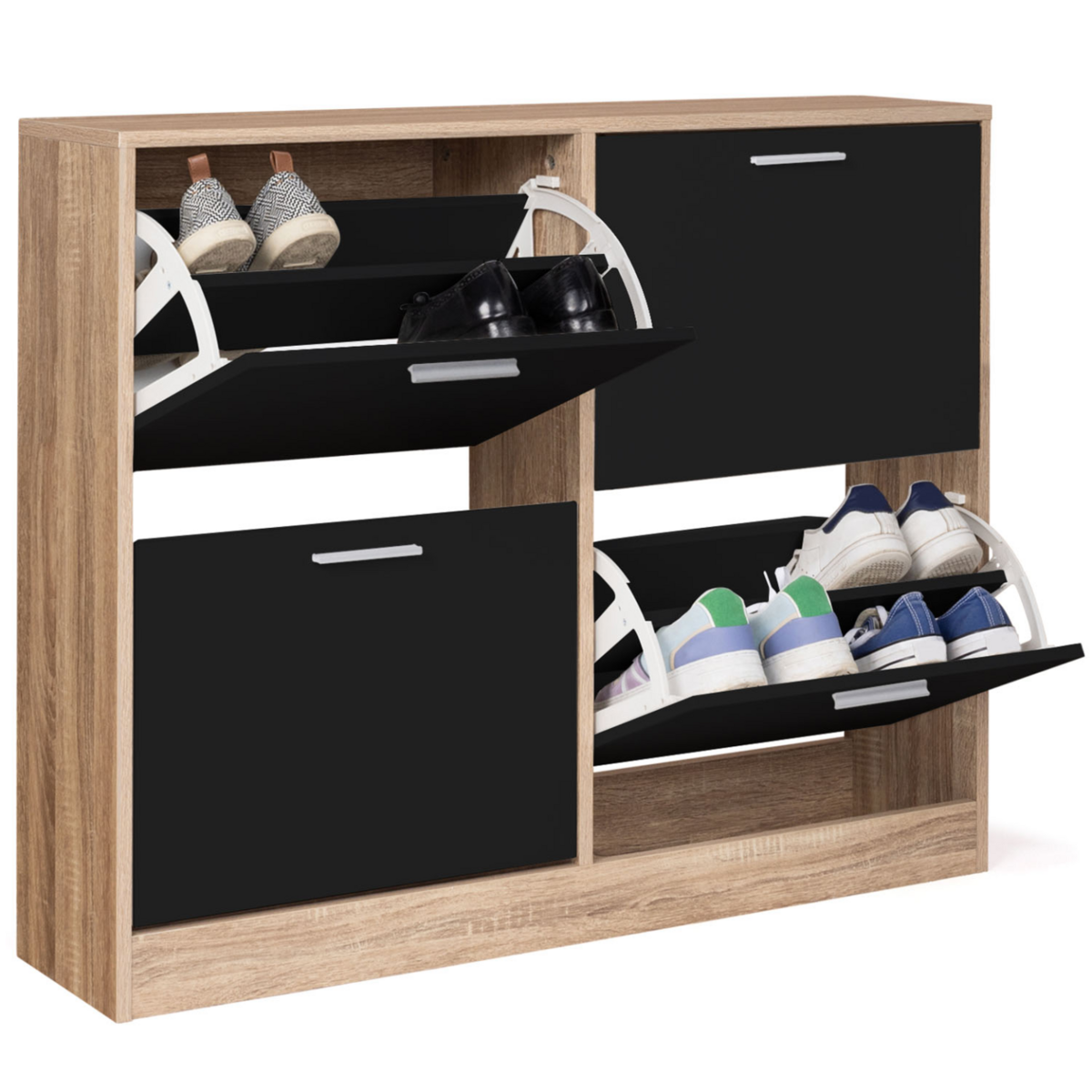 ID MARKET Meuble à chaussures 16 paires KLARK 4 abattants imitation hêtre et portes noires