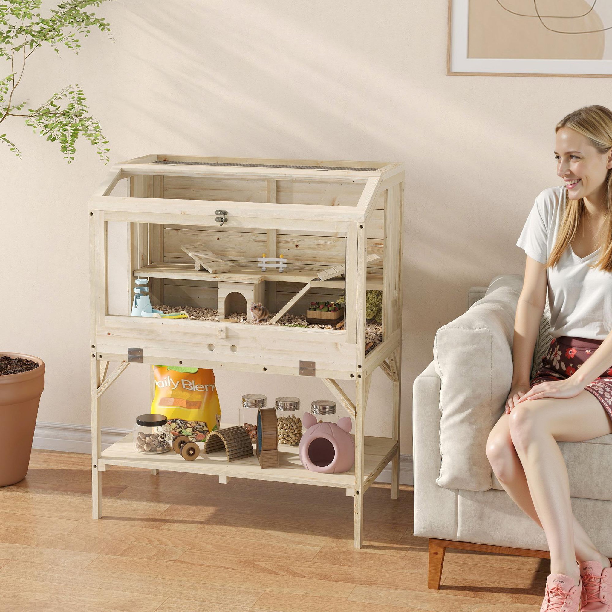 Voir la diapositive 4 : PAWHUT Cage hamster rongeur en bois - 2 niveaux - étagère - accessoires - 84 x 53 x 110 cm