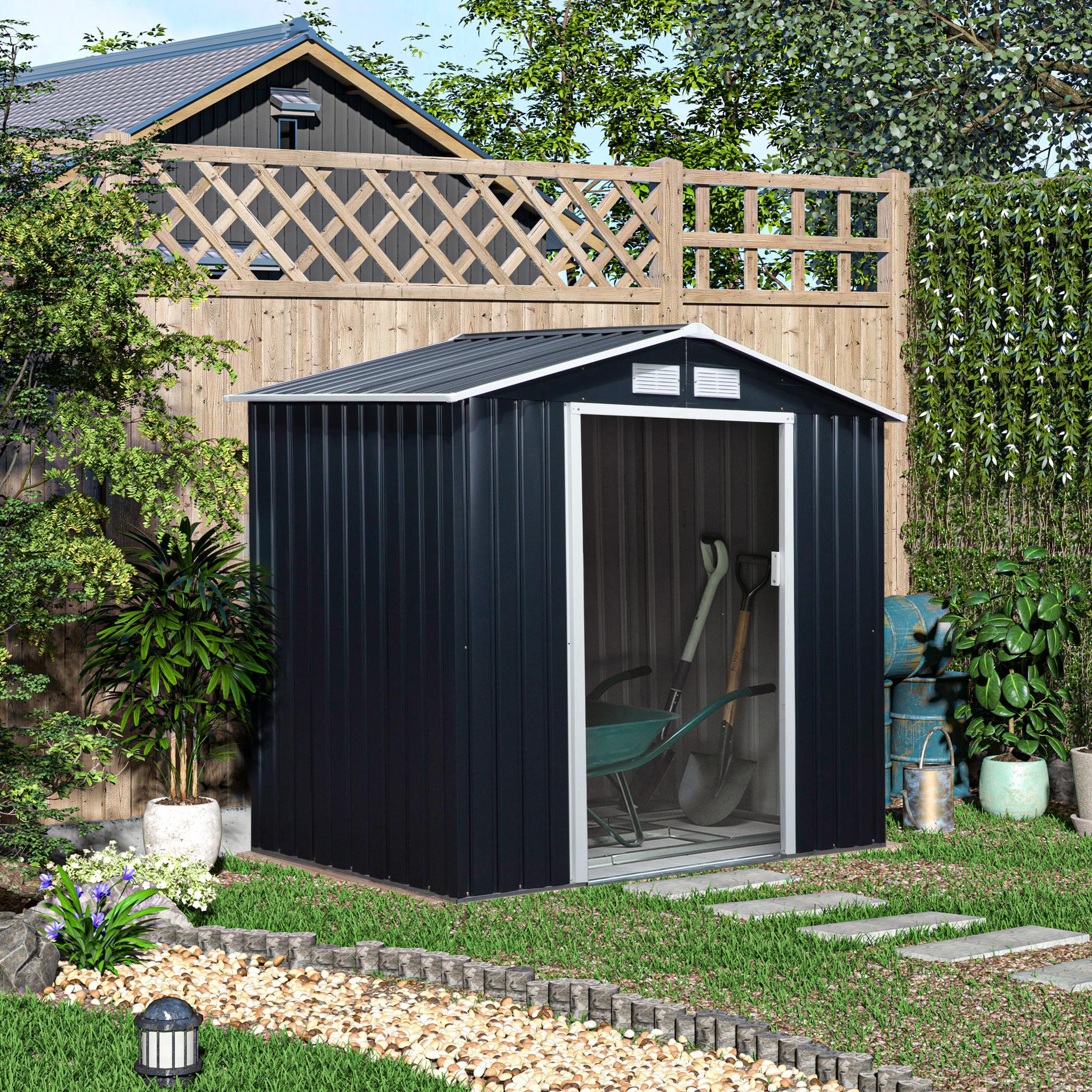 Voir la diapositive 2 : OUTSUNNY Abri de jardin - remise pour outils - cabanon porte verrouillable - dim. 213L x 130l x 185H cm - tôle d'acier gris