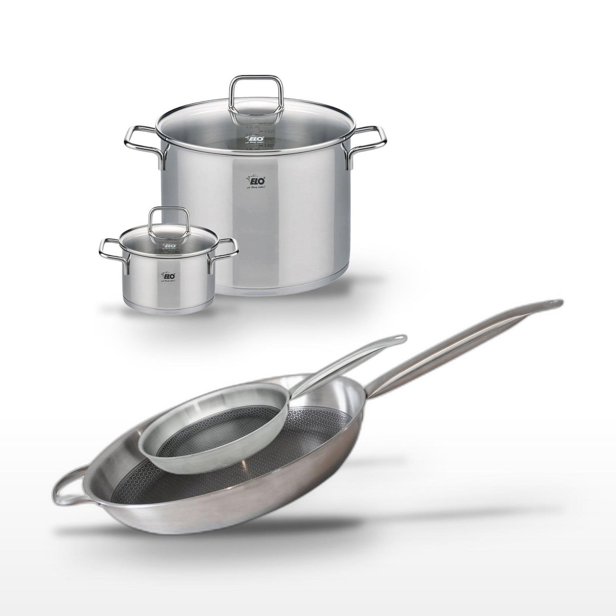 ELO Lot de 2 Poêles 32/24cm et 2 Faitouts 26/16cm Elo Relief Solution