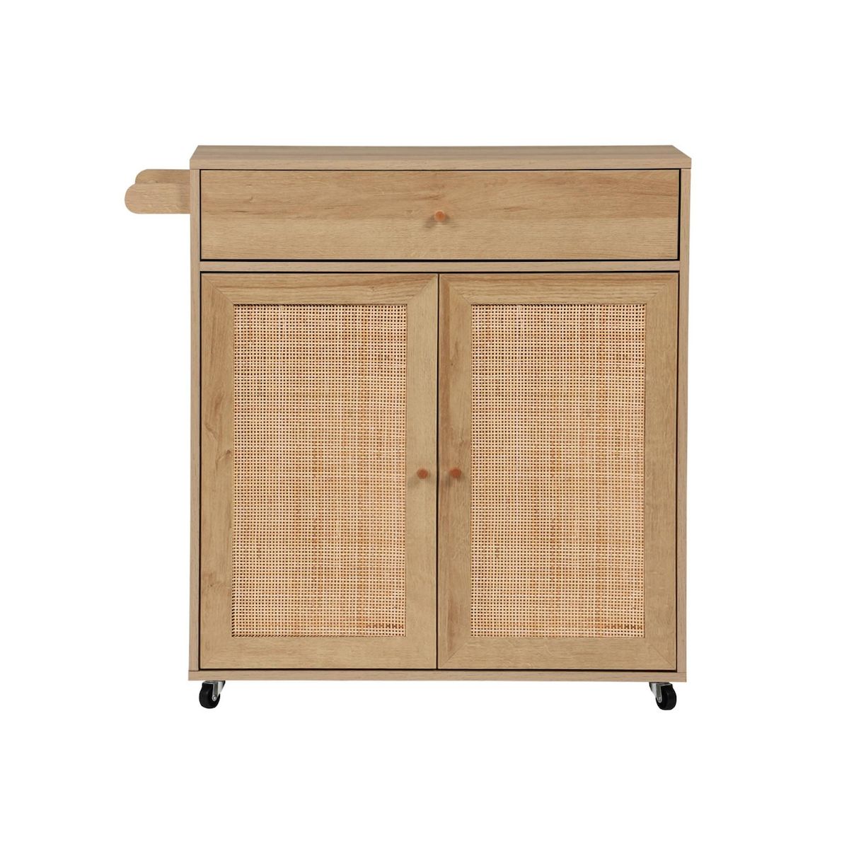 SWEEEK Desserte de cuisine BOHEME décor bois et cannage 1 poignée 1 tiroir 2 portes 4 roues. Naturel