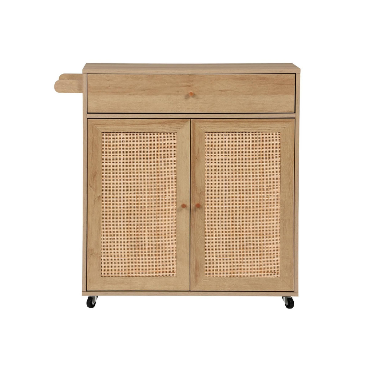 SWEEEK Desserte de cuisine BOHEME décor bois et cannage 1 poignée 1 tiroir 2 portes 4 roues. Naturel