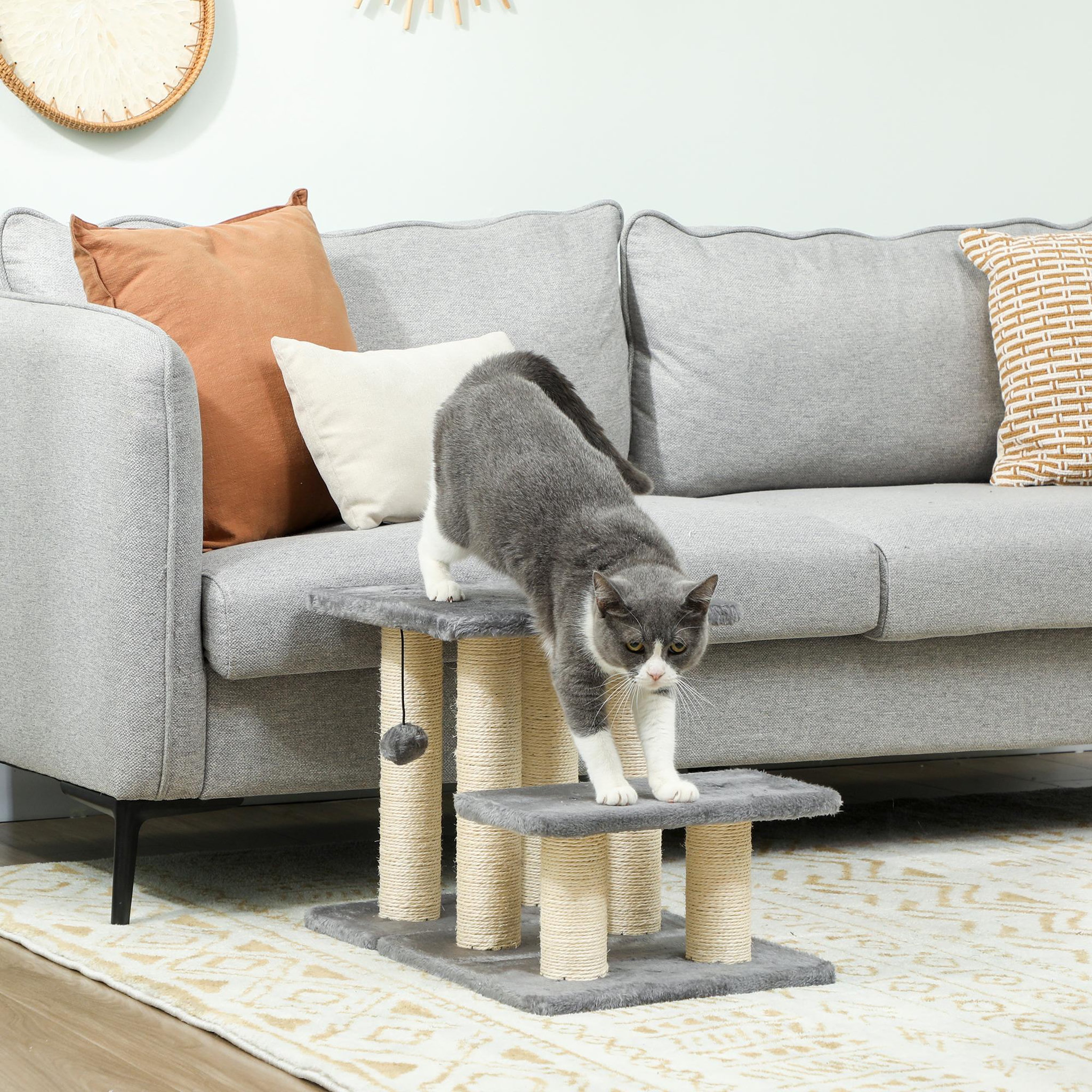Voir la diapositive 2 : PAWHUT Escalier pour chat 3 marches - 6 poteaux griffoirs, jeu boule suspendue - sisal peluche gris