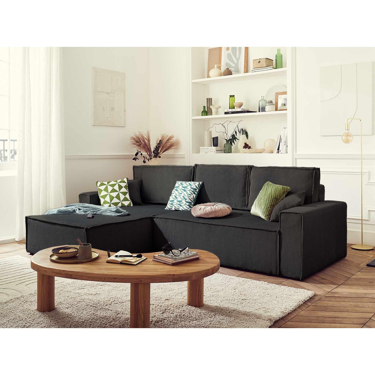 BEST MOBILIER Dellia - canapé d'angle réversible convertible - avec coffre - en velours côtelé - 4 places