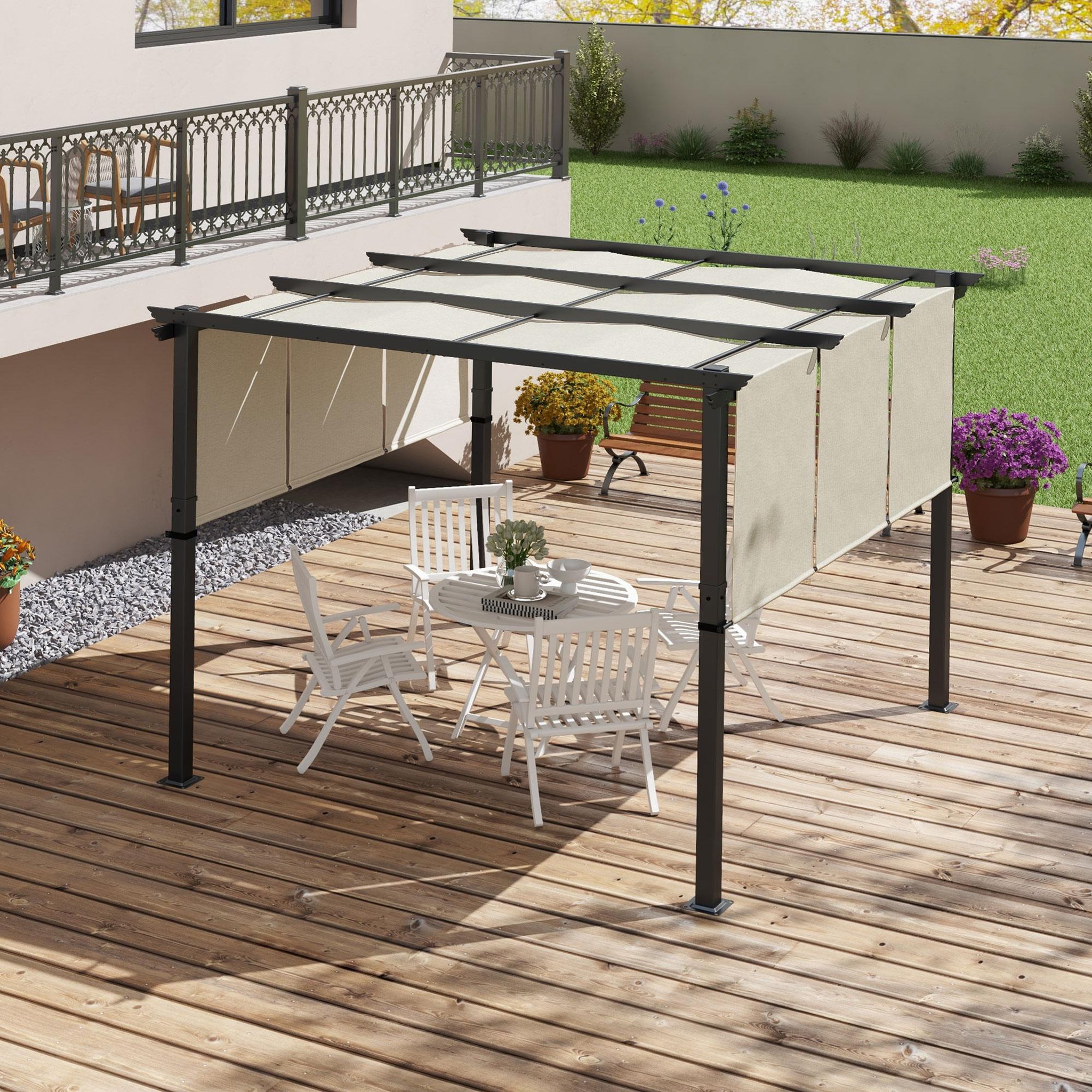 Voir la diapositive 2 : OUTSUNNY Pergola 3 toiles coulissantes - dim. 2,97L x 2,97l x 2,38H m - acier époxy polyester haute densité beige
