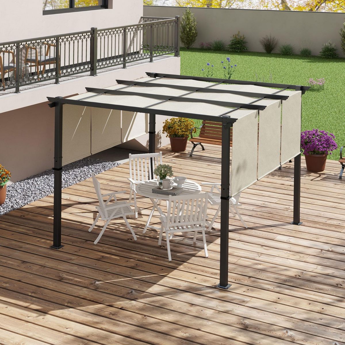 OUTSUNNY Pergola 3 toiles coulissantes - dim. 2,97L x 2,97l x 2,38H m - acier époxy polyester haute densité beige