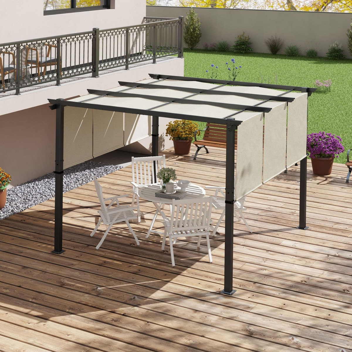 OUTSUNNY Pergola 3 toiles coulissantes - dim. 2,97L x 2,97l x 2,38H m - acier époxy polyester haute densité beige