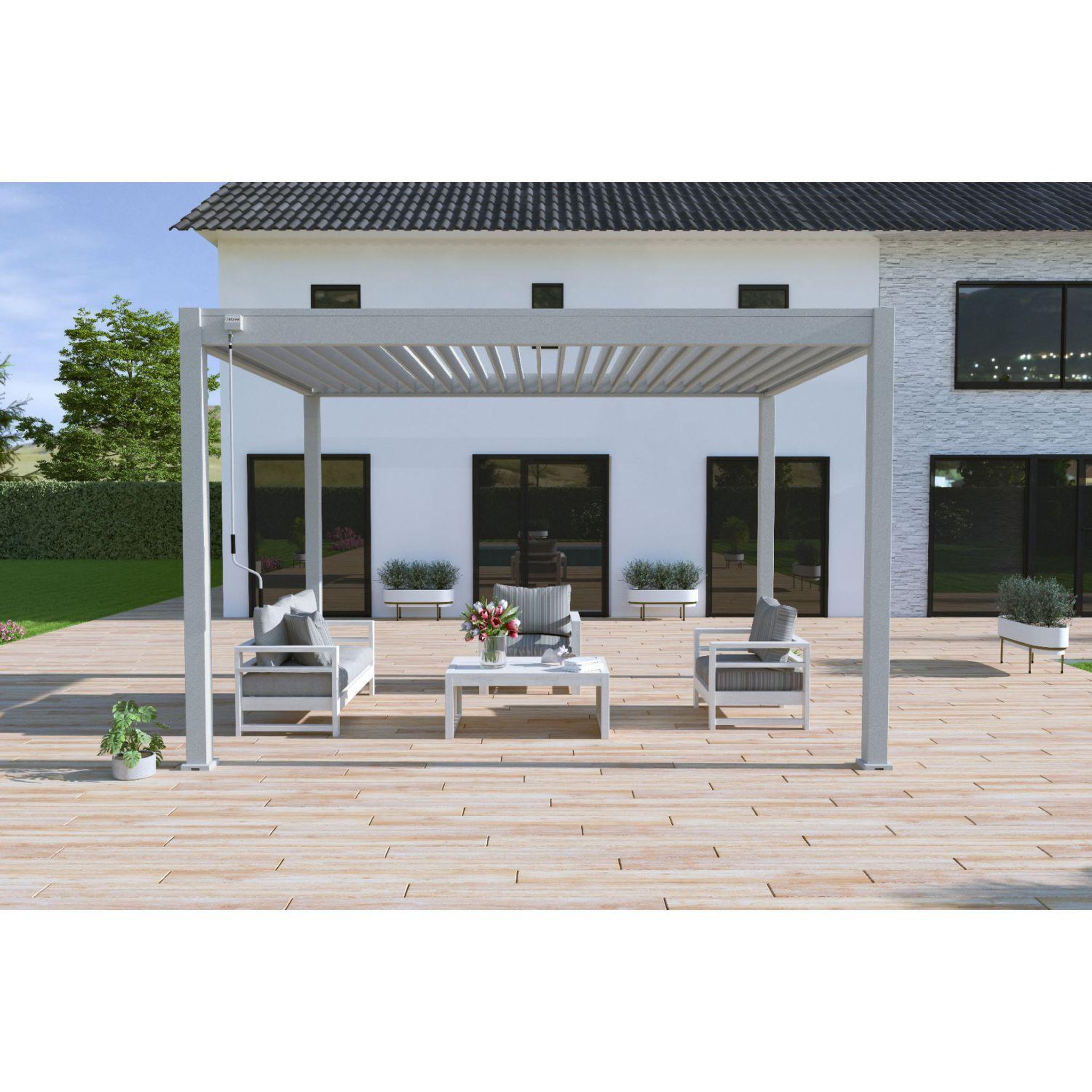 Voir la diapositive 3 : Pergola Bioclimatique autoportée - Aluminum Gris perle - 3x4m OMBREA®