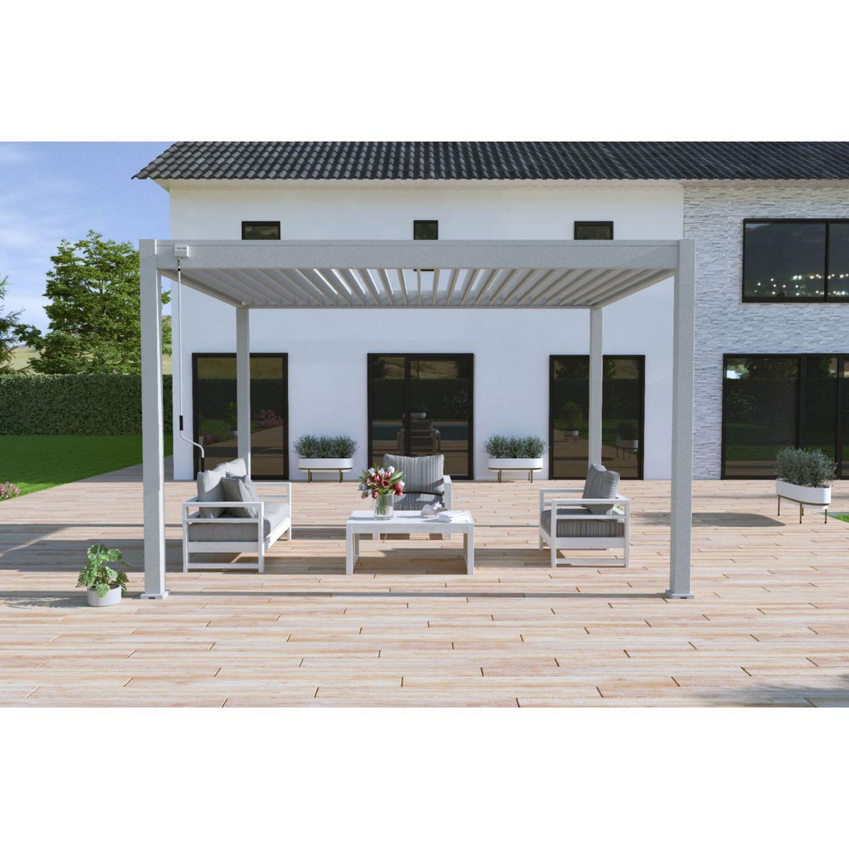 Pergola Bioclimatique autoportée - Aluminum Gris perle - 3x4m OMBREA®
