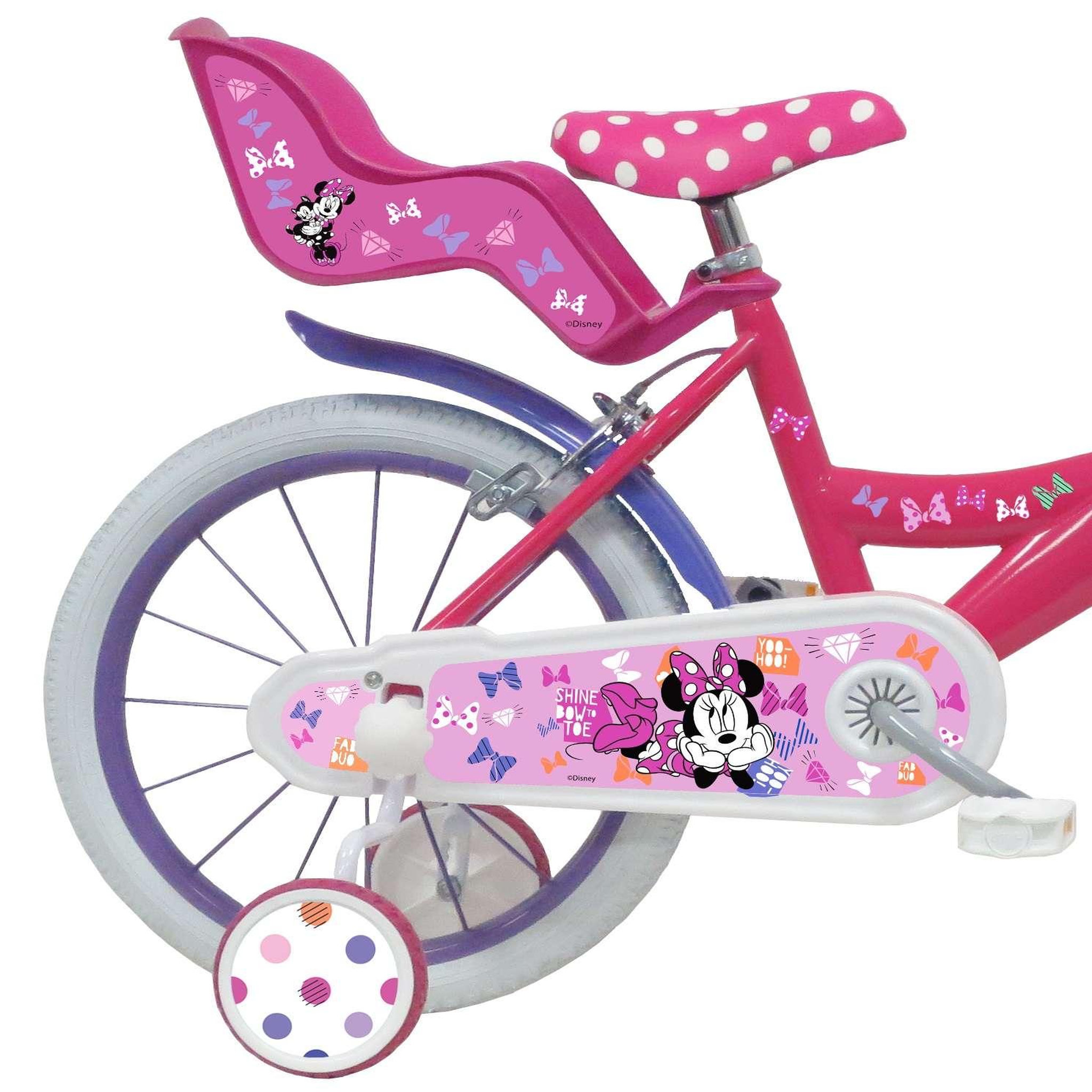Voir la diapositive 2 : Disney Minnie Vélo enfant - Modèle 16'' Minnie de Disney pour enfant de 105/120 cm avec stabilisateurs - Panier avant - Porte poupée arrière - 2 freins et pneus gonflables