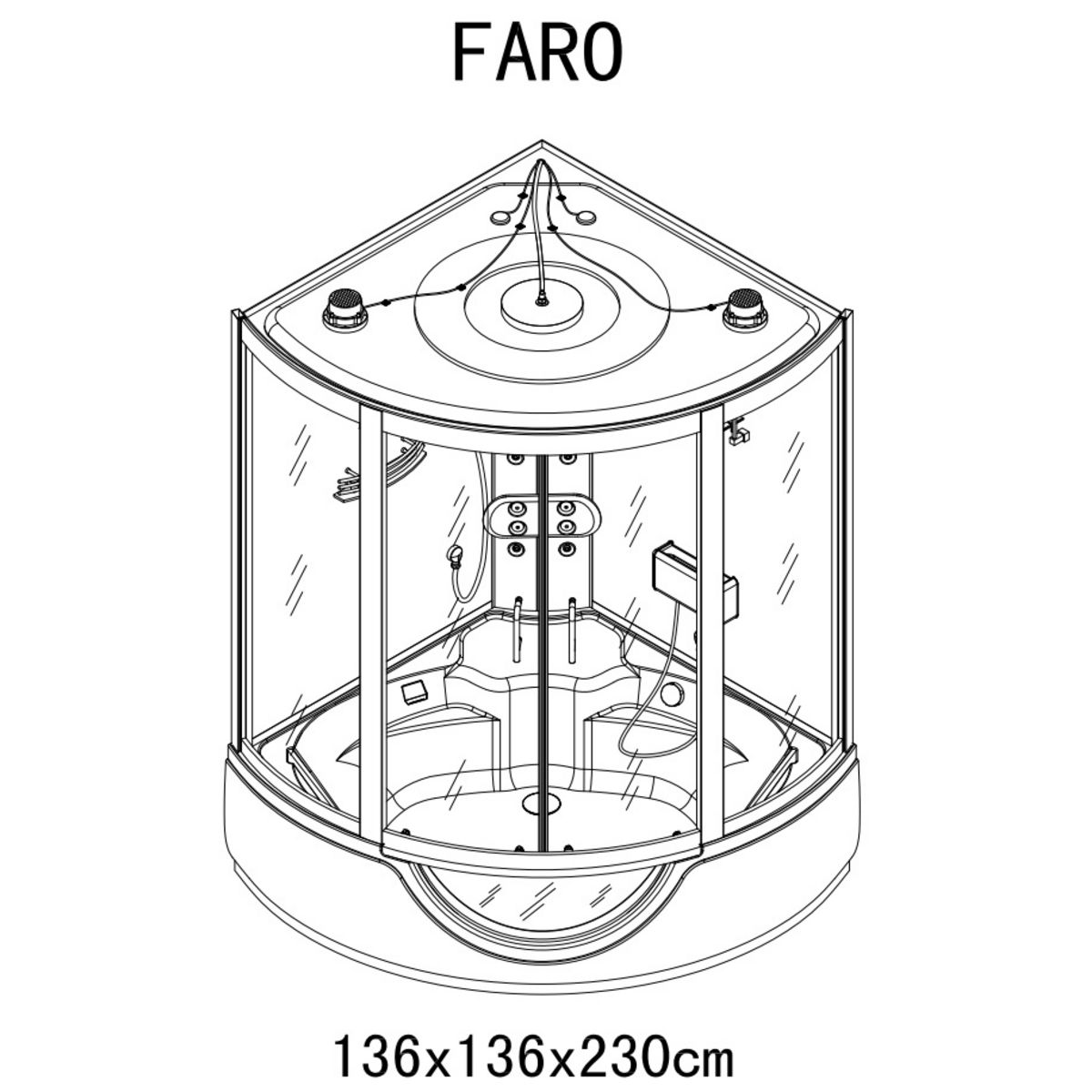 AQUA+ Combiné bain/douche hydromassant d'angle en quart de cercle - Faro 
