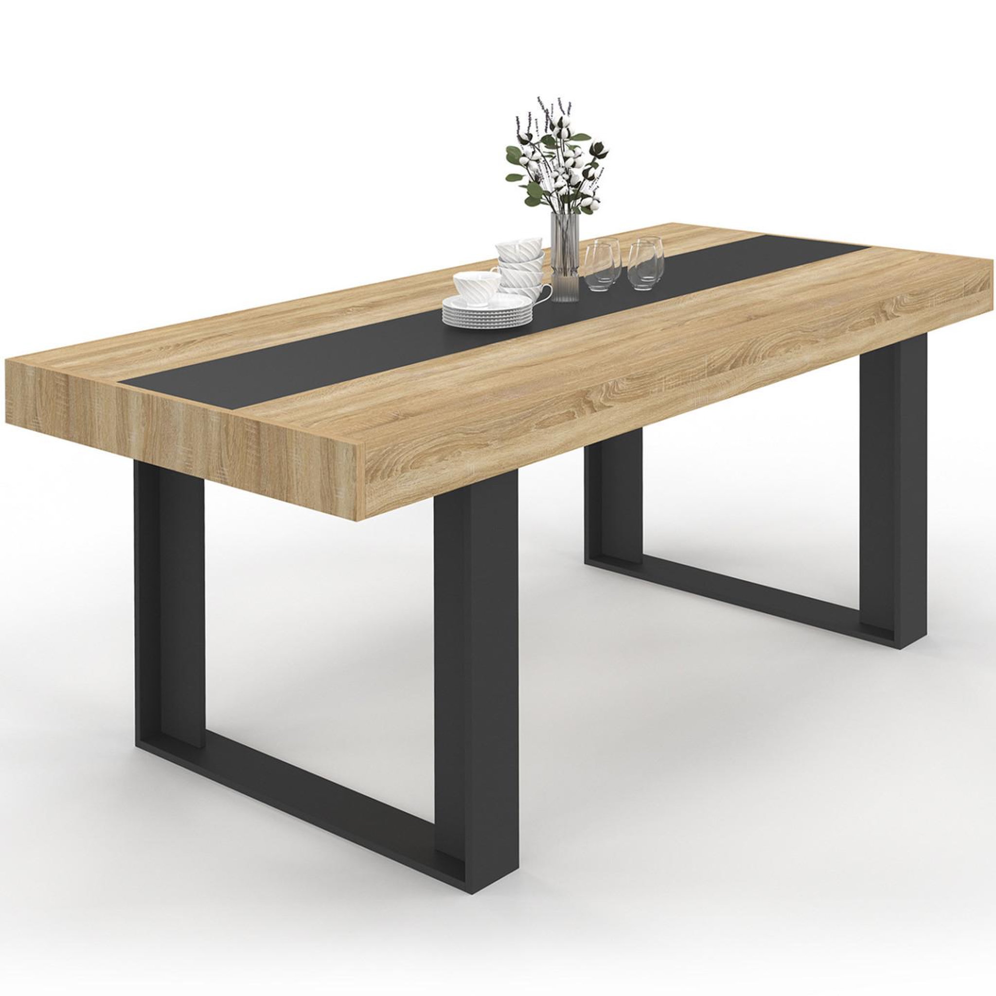 ID MARKET Table à manger rectangle phoenix 8 personnes bois et noir bande centrale noire 200 cm