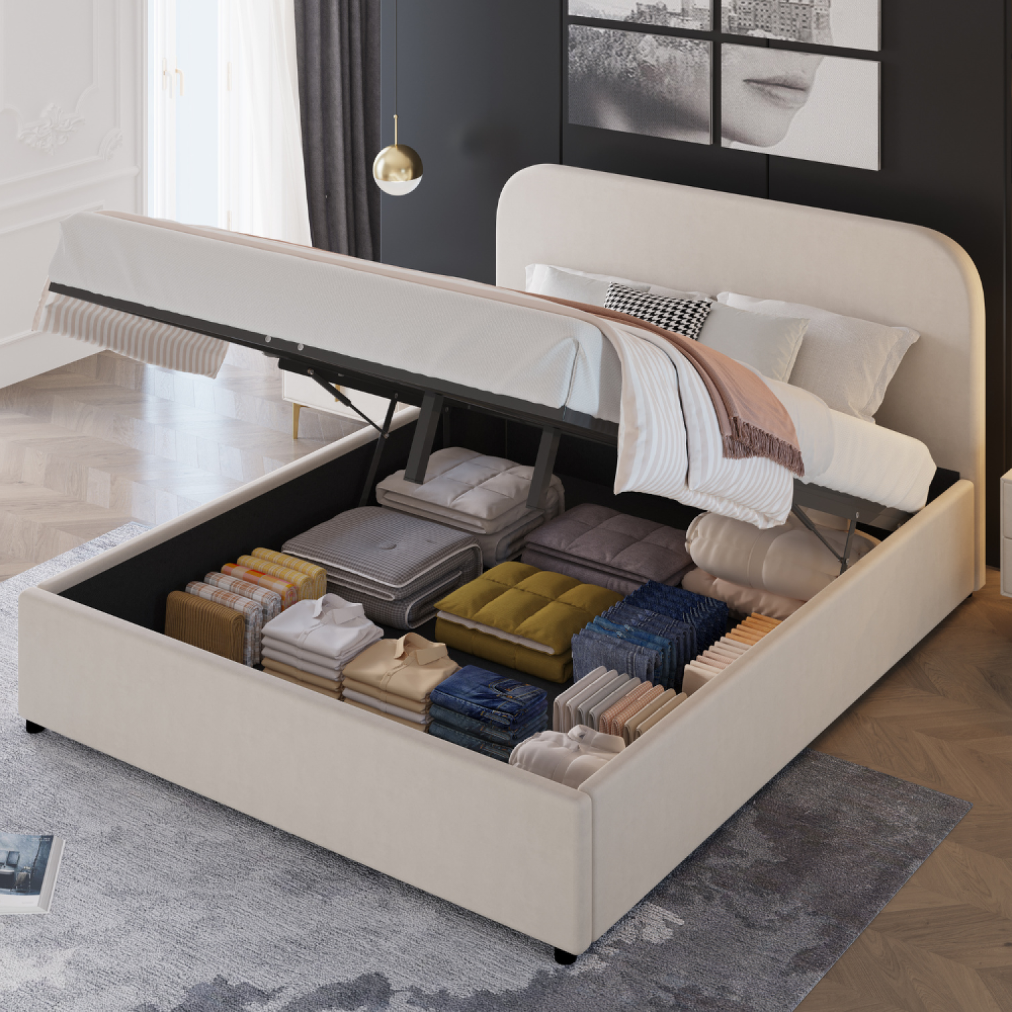 Voir la diapositive 4 : CONCEPT USINE Lit avec coffre de rangement 160x200cm velours beige houston