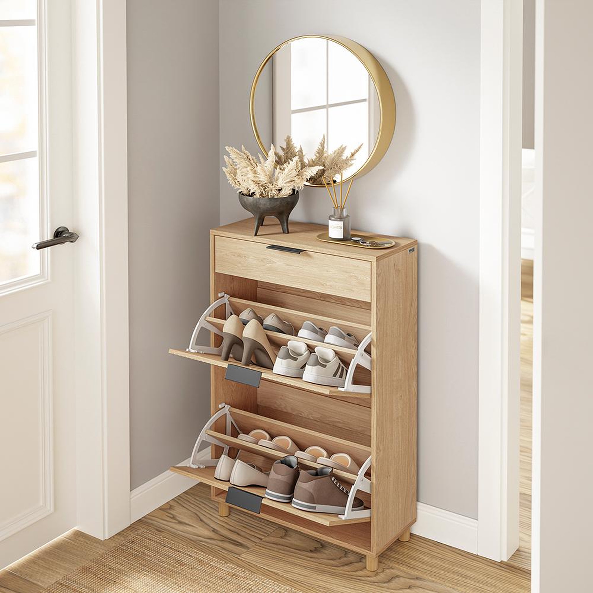 Voir la diapositive 4 : SOBUY Armoire à chaussures avec tiroir Light Oak 60x24x95cm FSR212-N