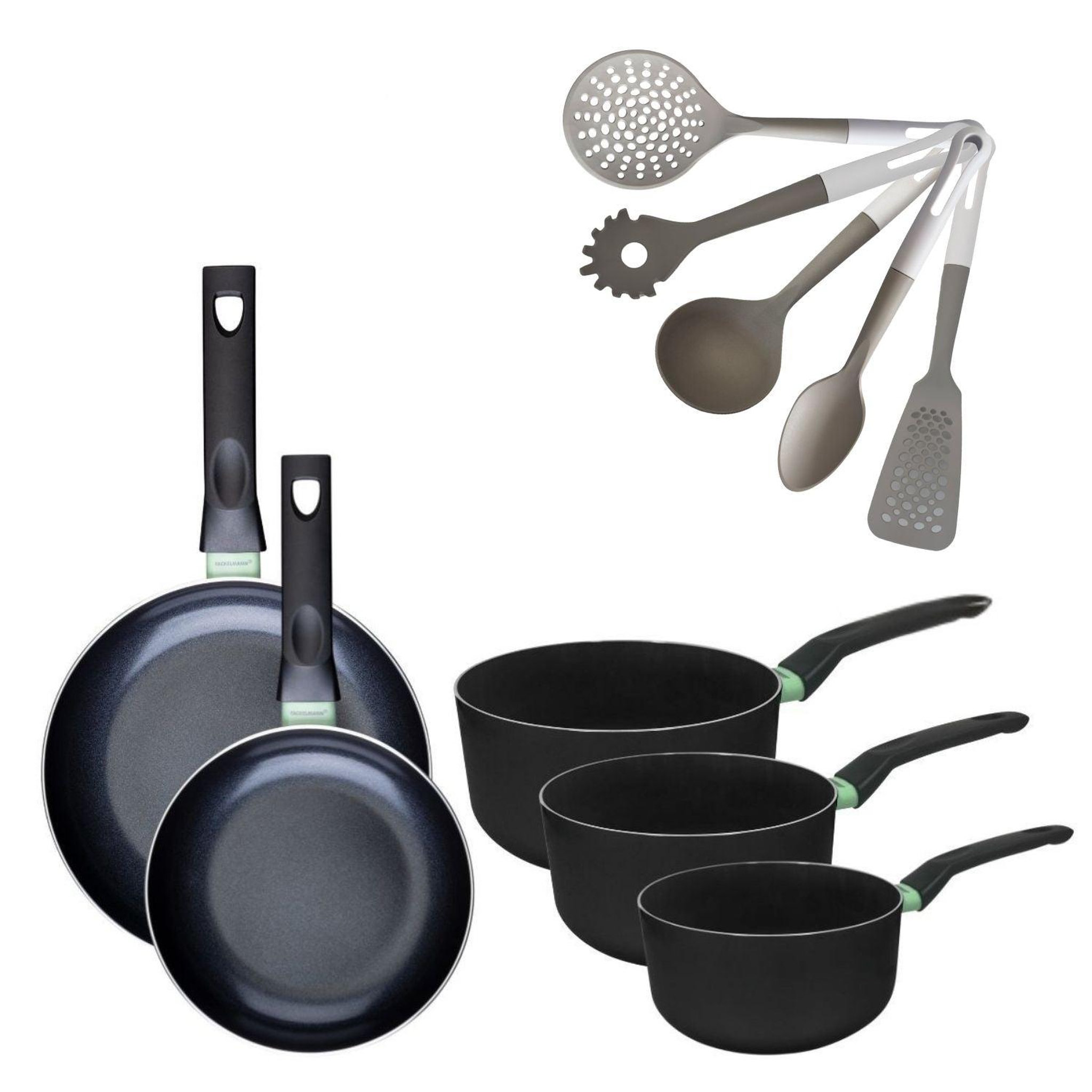 Fackelmann Batterie de cuisine avec 2 poêles 20/24 cm et 3 casseroles 16/18/20 cm et 5 ustensiles de cuisine sans PFAS Fackelmann Brandao Vario