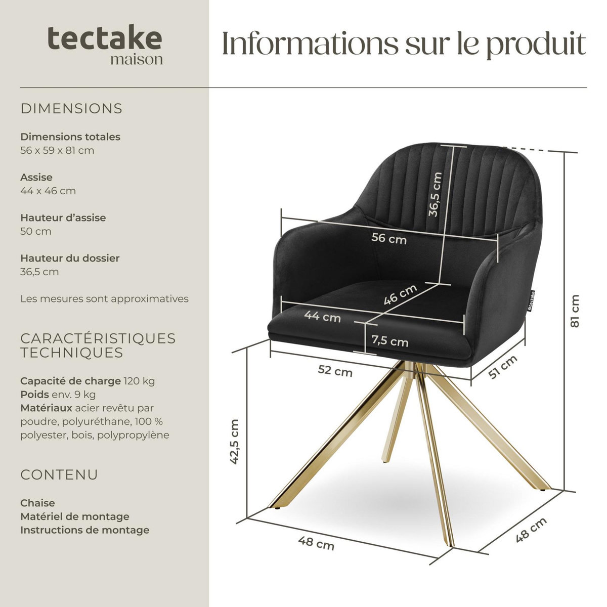 tectake Chaise pivotante en velours rembourrée noir/or
