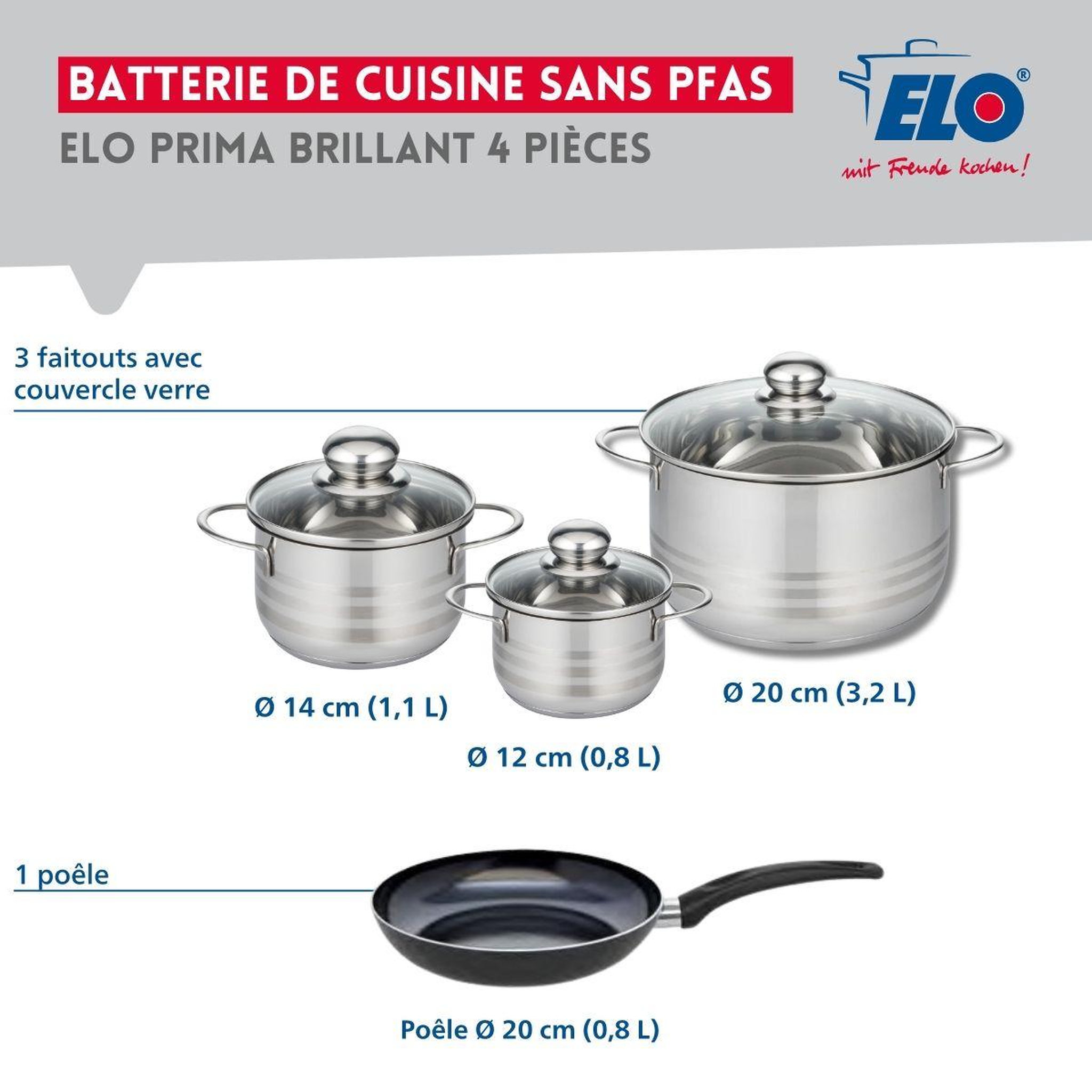 Voir la diapositive 2 : ELO Ensemble de 1 Poêle de cuisson 20 cm et 3 faitouts 12, 14 et 20 cm Elo Prima Brillant
