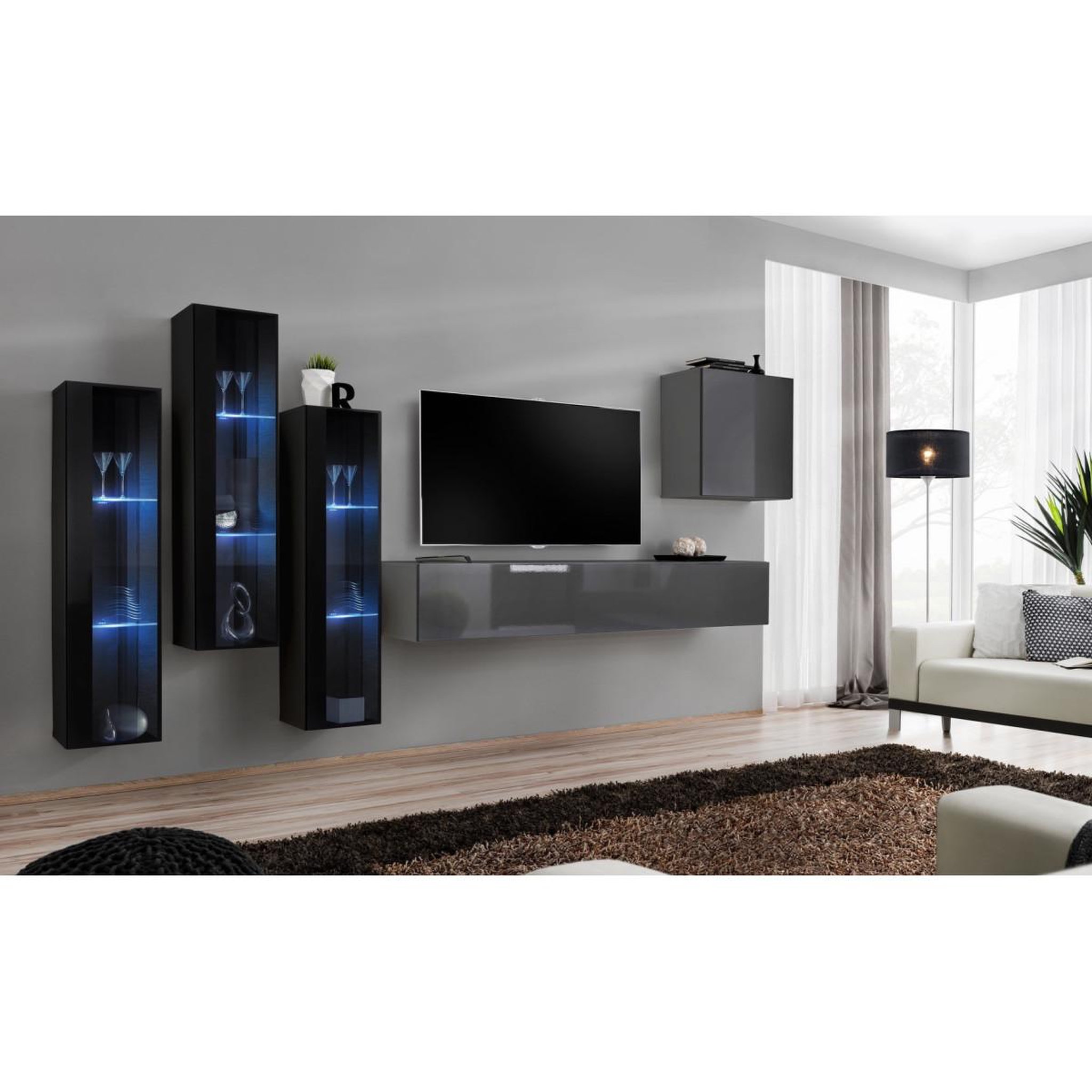 Voir la diapositive 2 : Paris Prix Meuble TV Mural Design  Switch XIII  330cm Noir & Gris