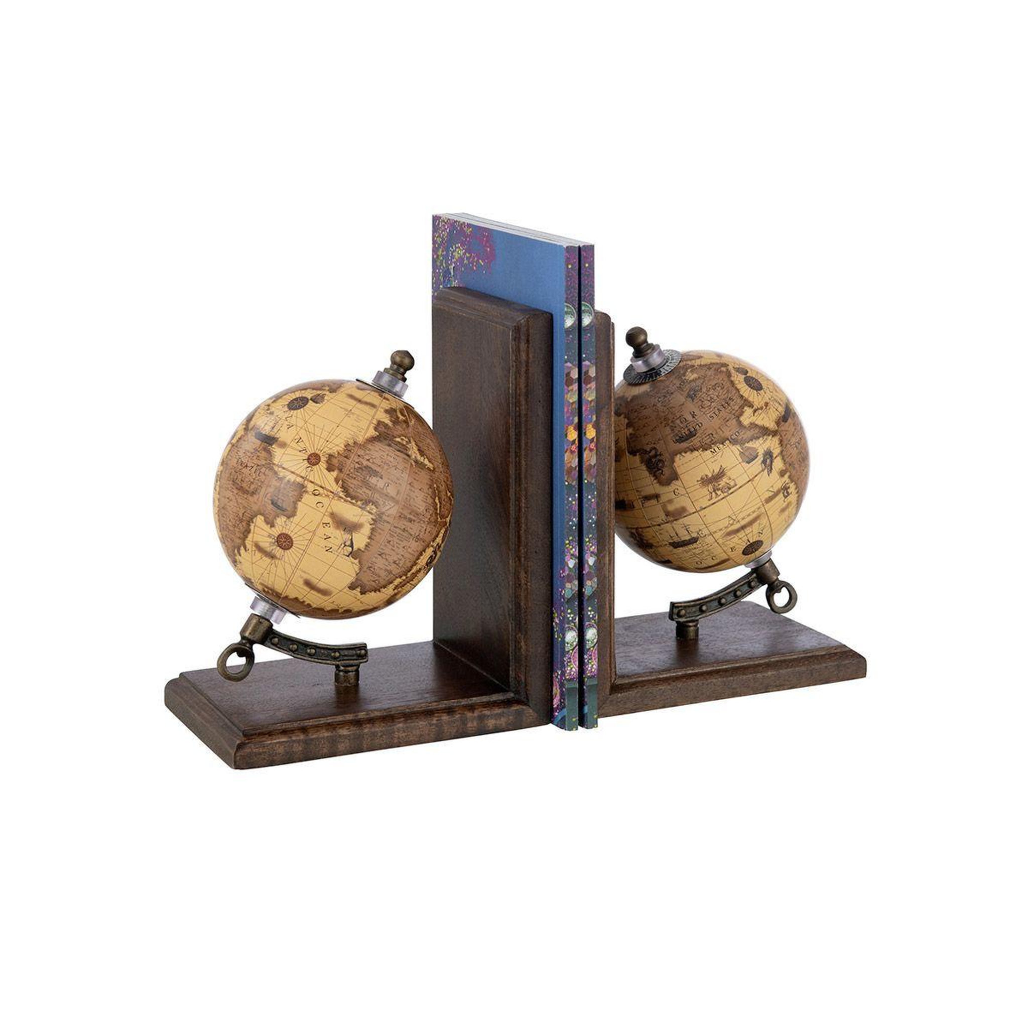 Voir la diapositive 2 : J-LINE Lot de 2 serre-livres en bois  globe  18cm marron & orange