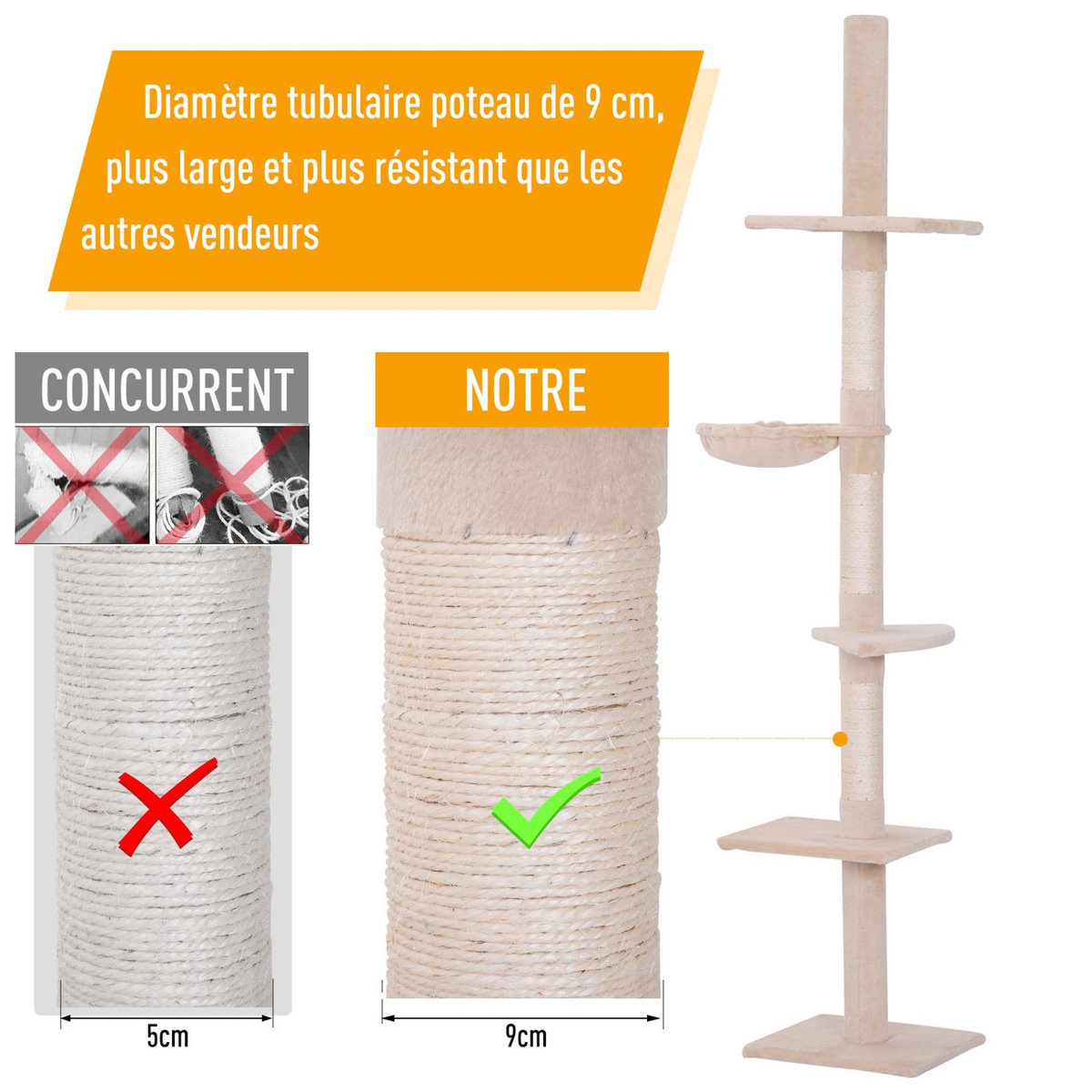 PAWHUT Arbre à chat poteau à griffer L40 x l 34 x H 230-260 cm 5 niveaux d'activités beige