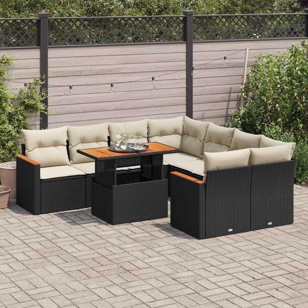 VIDAXL Salon de jardin avec coussins 9 pcs noir resine tressee acacia