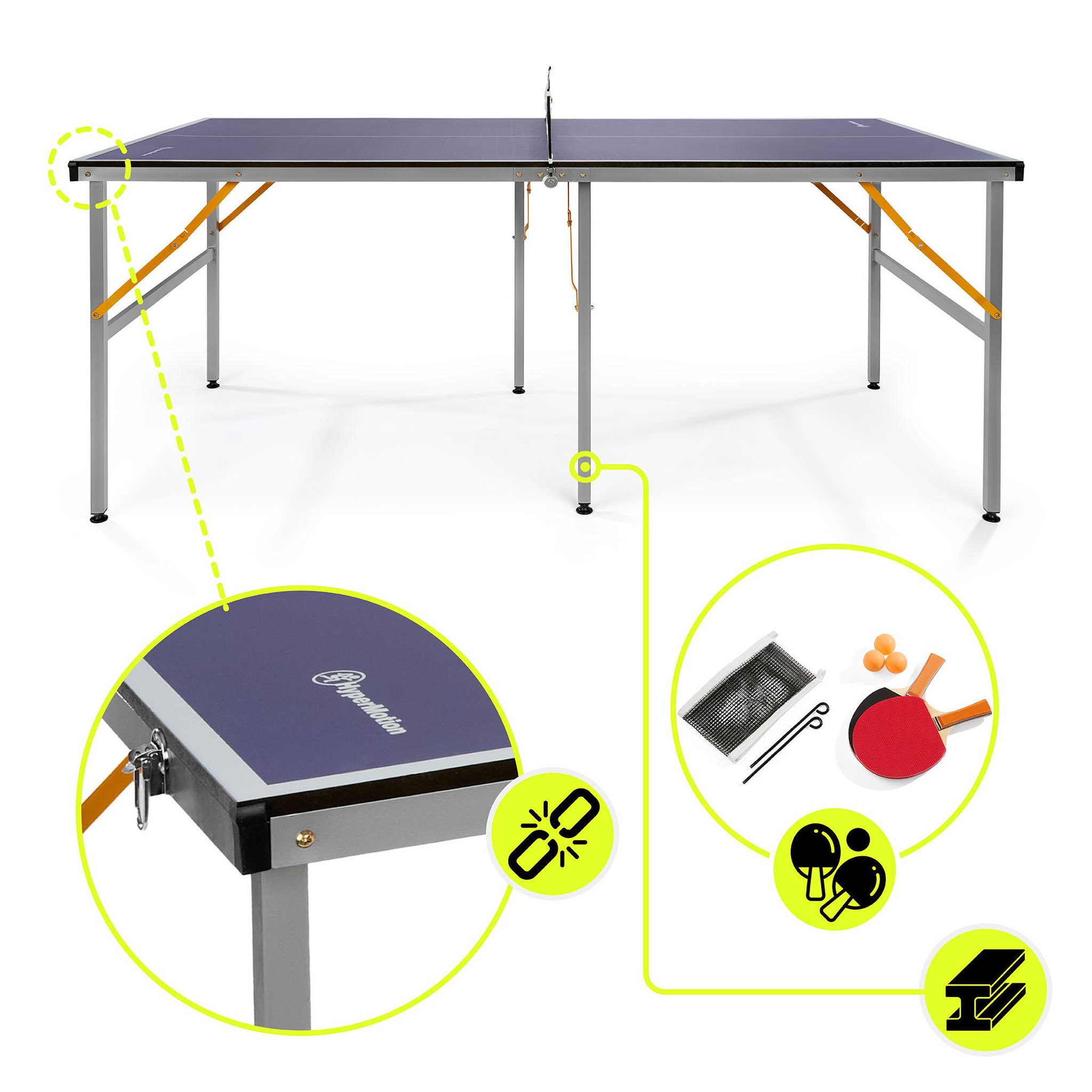 Voir la diapositive 5 : HYPERMOTION Table Ping-Pong HyperMotion Pliable Portable 180x92 - Avec Filet, 2 Raquettes, 3 Balles