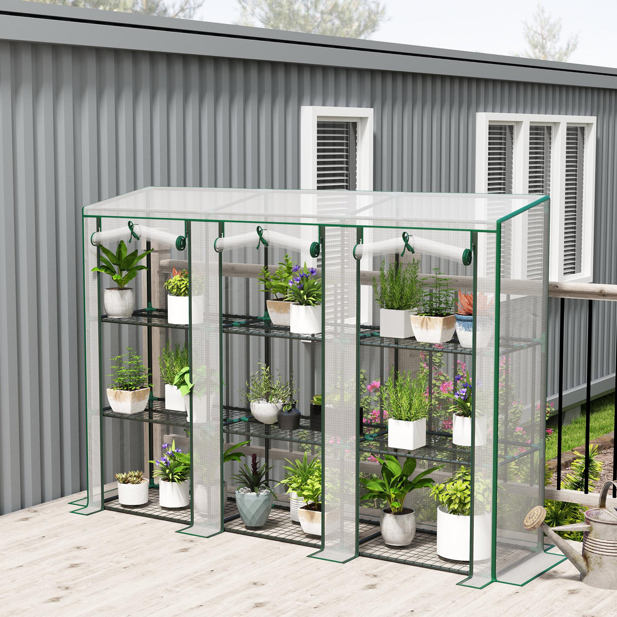 Voir la diapositive 2 : OUTSUNNY Serre de jardin balcon avec étagères métalliques 3 niveaux 3 portes acier noir PVC blanc